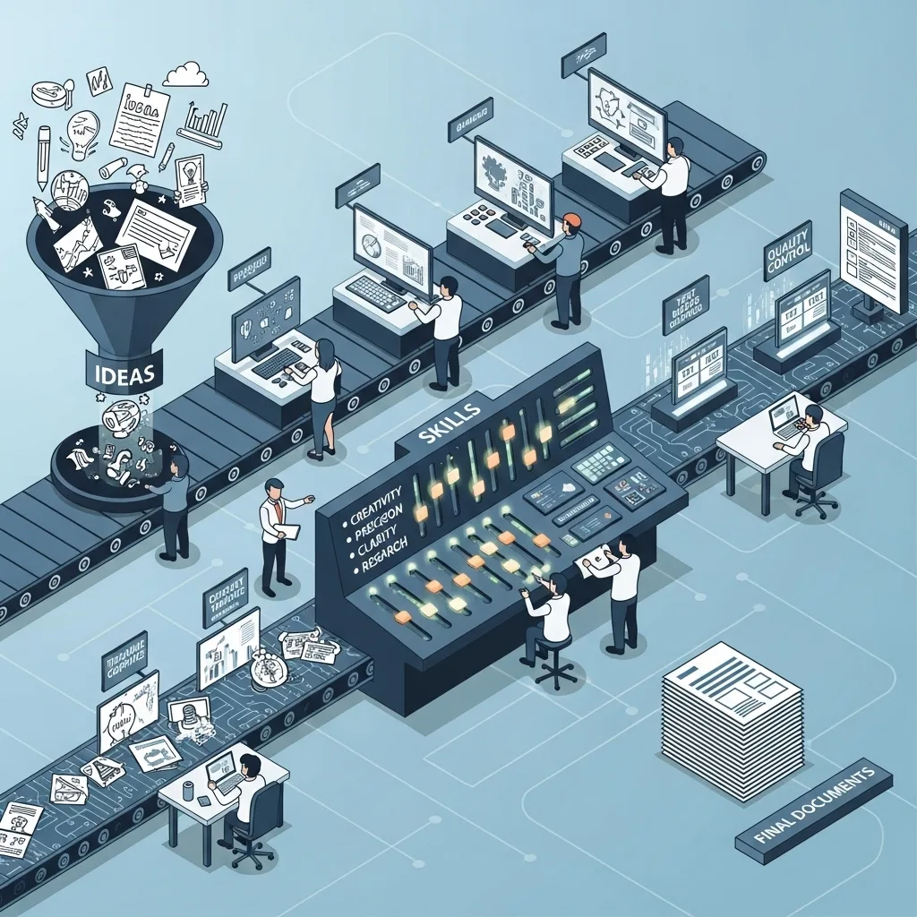Isometric illustration of a factory turning ideas into output, with workers at monitors and a control panel.