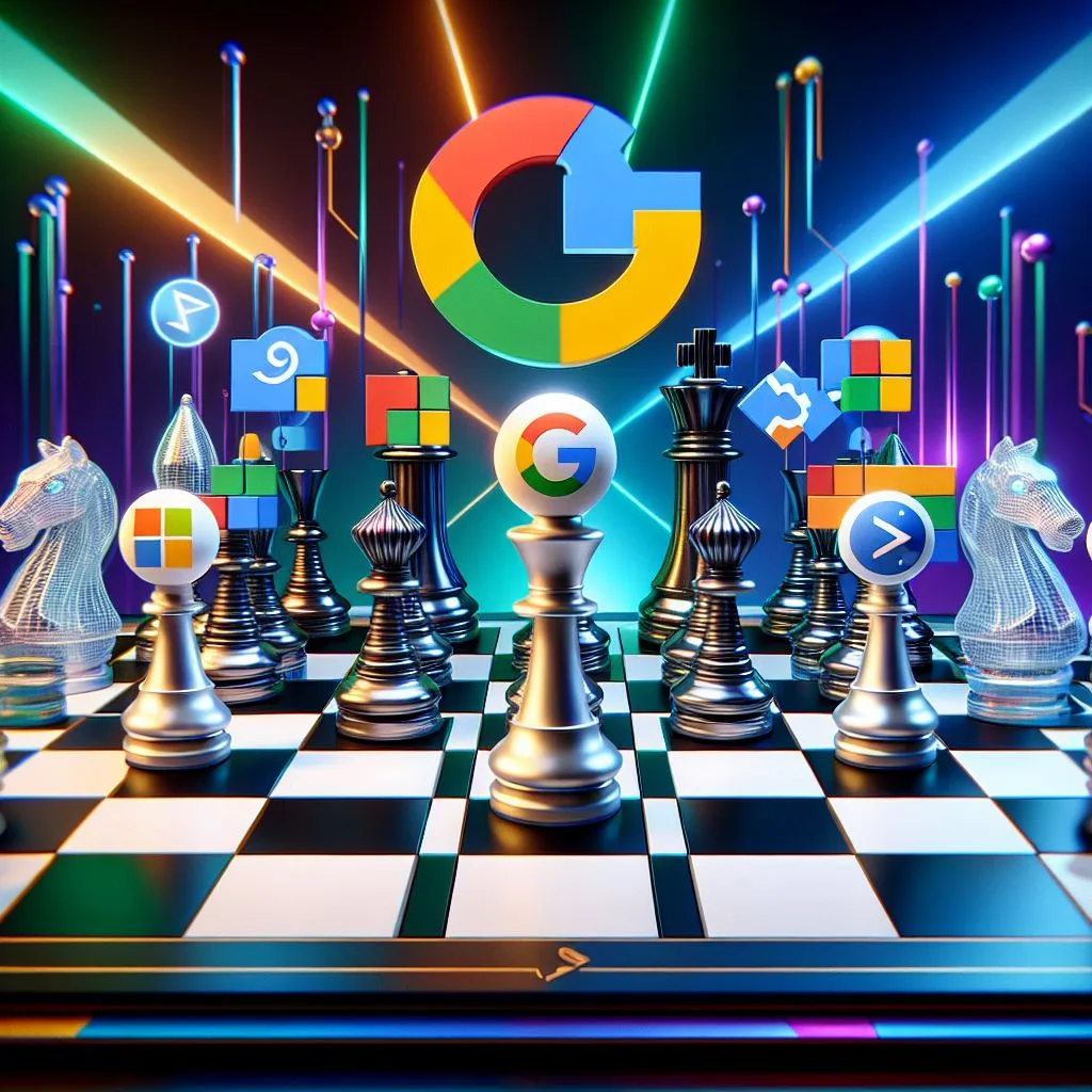 Chessboard with silver and black pieces topped by tech company logos, a large Google G glowing behind them.