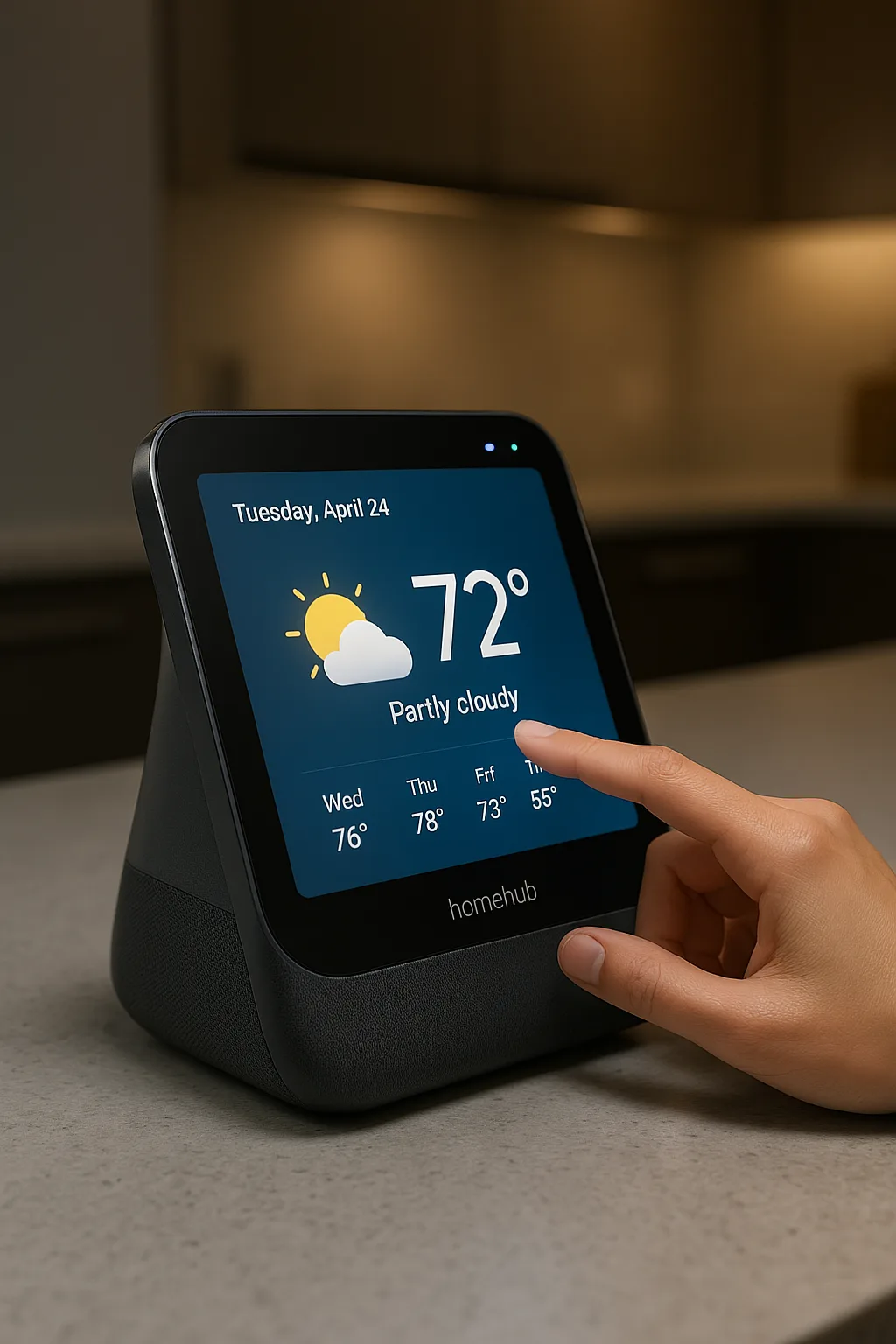A finger touching a black smart display showing Tuesday April 24, 72 degrees, partly cloudy, and a forecast.