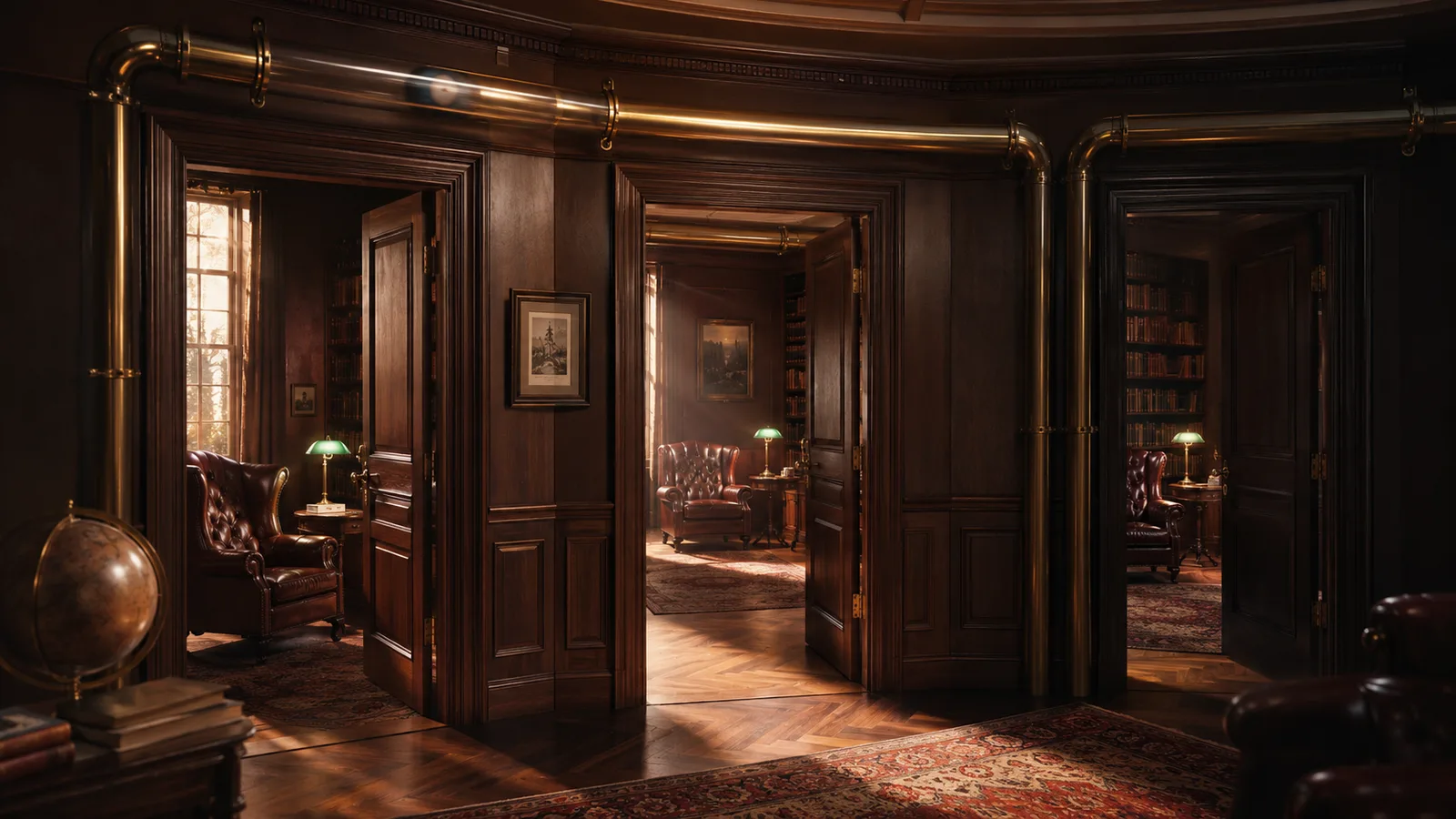 An opulent dark wood-paneled study with several open doors revealing connecting rooms, leather chairs, a green-shaded lamp, and a globe.