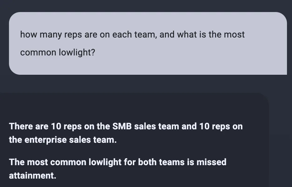 Chat asking how many reps per team and most common lowlight, answered 10 each with missed attainment