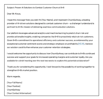 Sample sales email to 8x8 from ChurnGoAway pitching AI-driven customer churn solutions