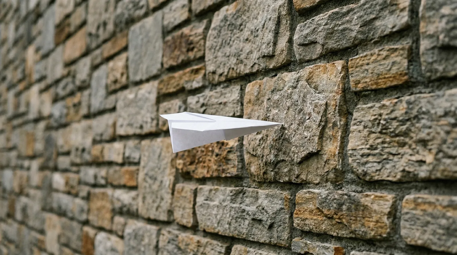 A white paper airplane embedded nose first into a gray stone brick wall.