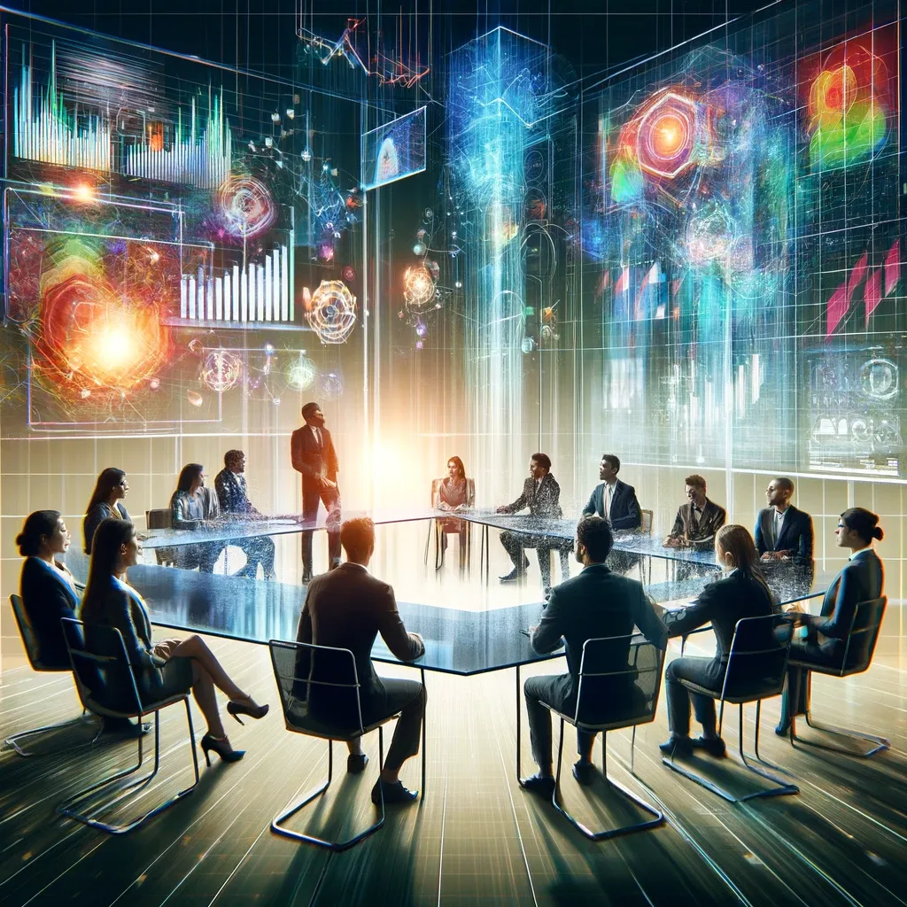 Business people seated at a glass table with glowing data visualizations on screens behind.