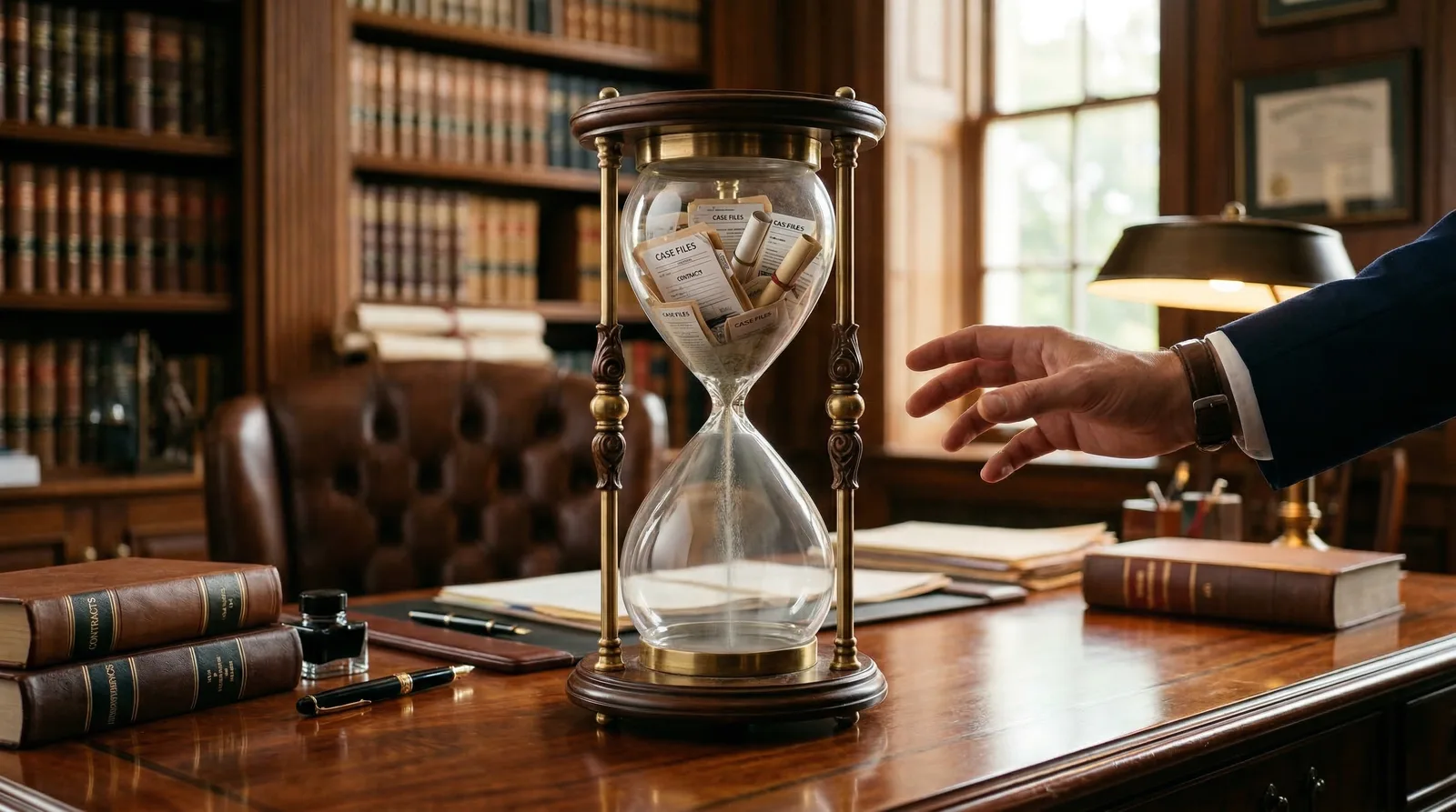 Hourglass filled with Case Files papers on a desk, a hand reaching toward it in a law library.