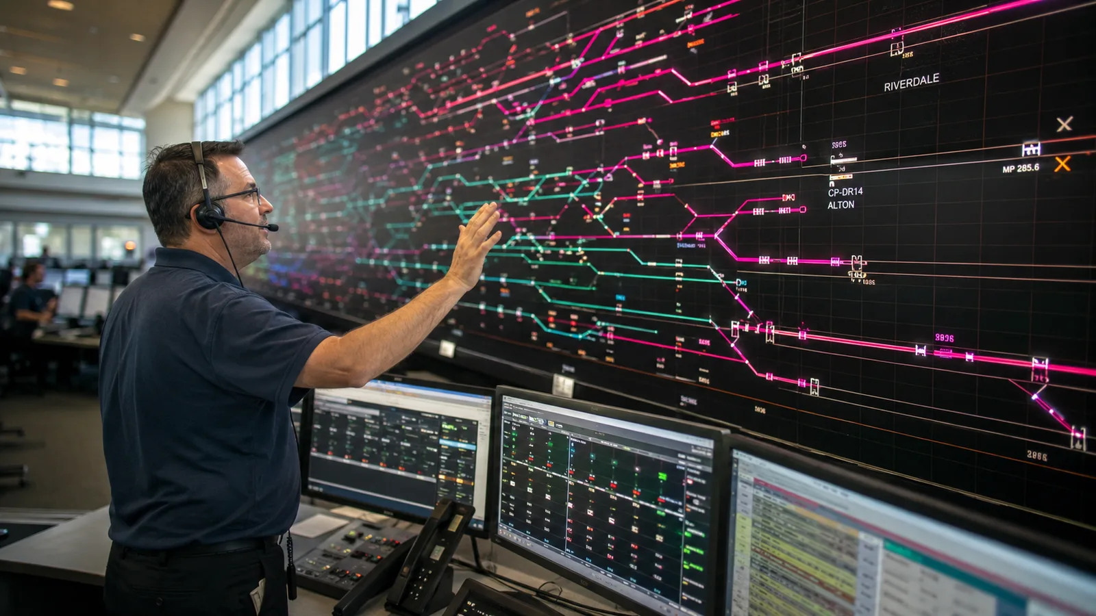 A dispatcher wearing a headset stands at a control desk and reaches up toward a wall sized schematic of rail lines glowing in pink and green, with rows of monitors showing live status data in front of him.