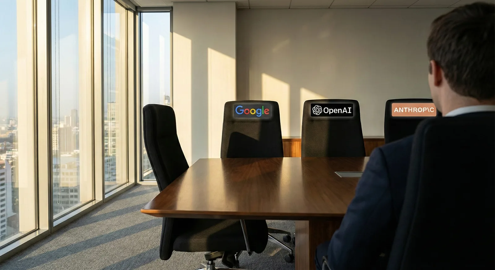 Empty boardroom, office chairs labeled Google, OpenAI, Anthropic, man in suit seated, city visible through windows