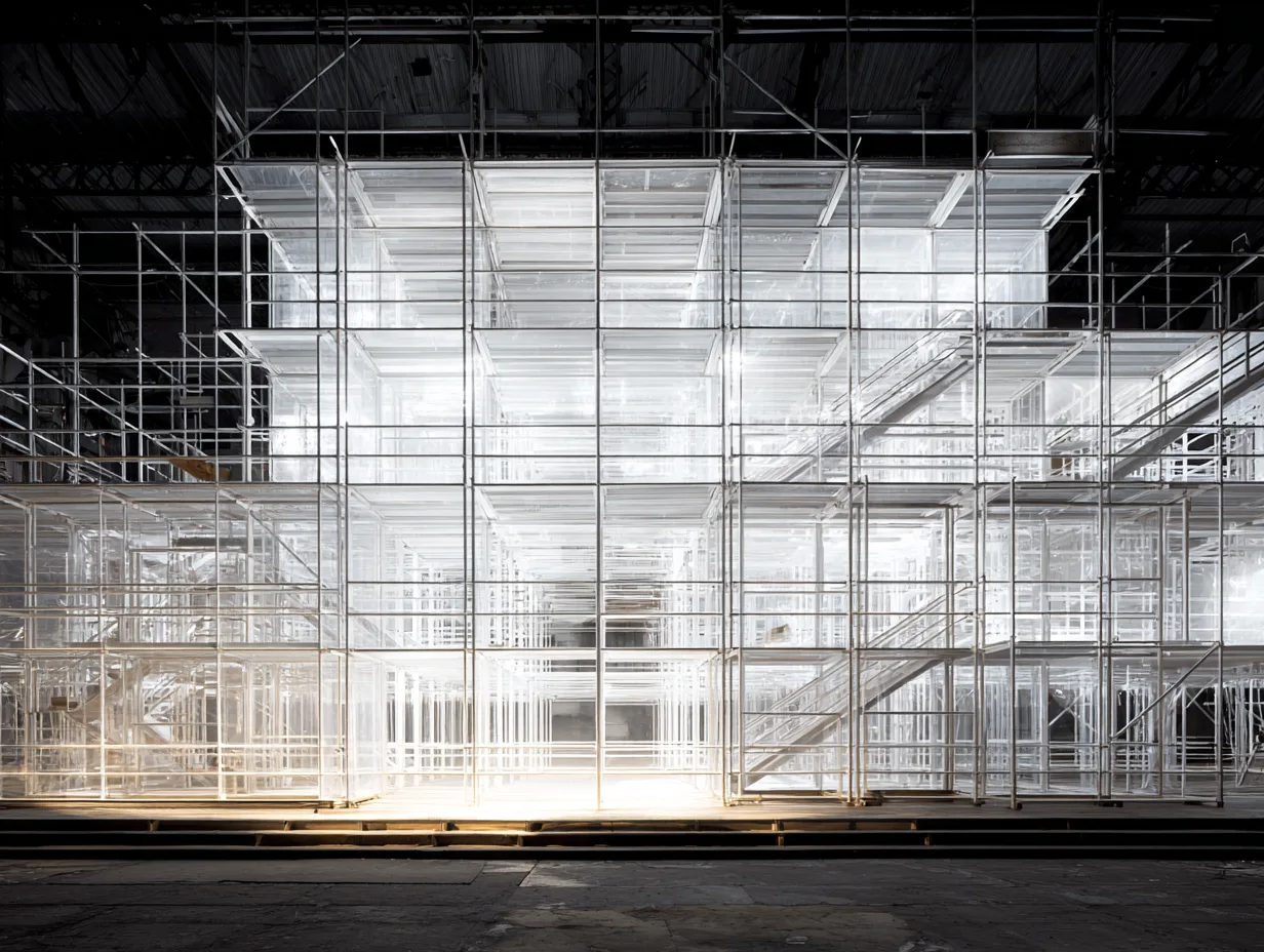 Brightly lit white scaffolding structure with staircases inside a dark industrial space at night.