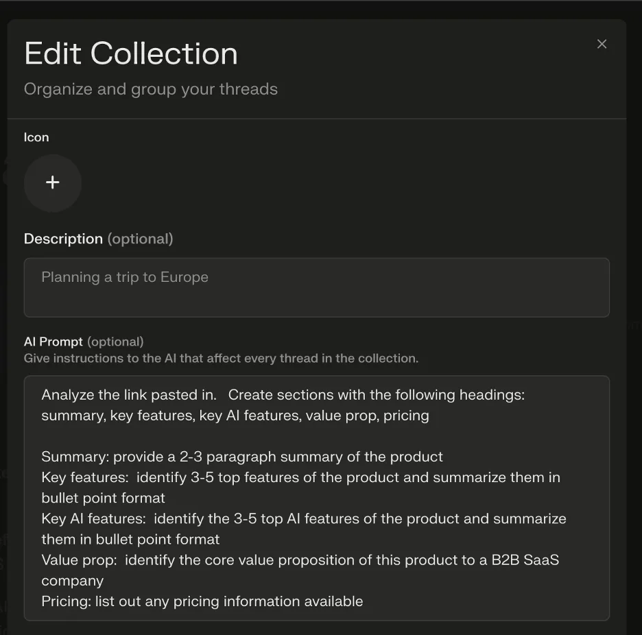 Edit Collection dialog with an AI Prompt field giving instructions to analyze a product link