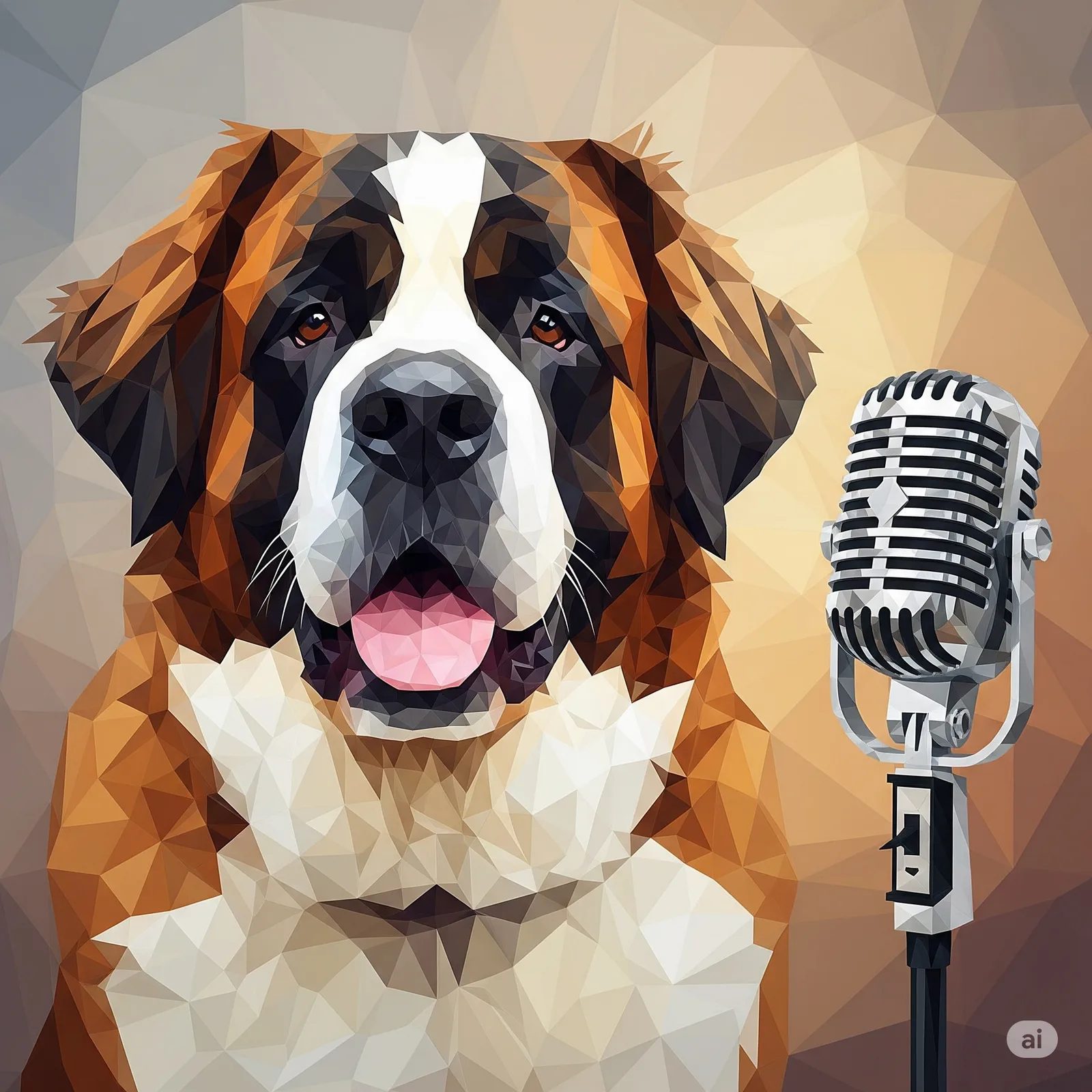 Low-poly illustration of a Saint Bernard dog beside a chrome vintage microphone.