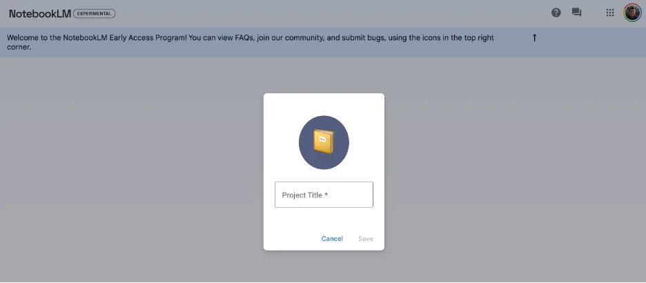 NotebookLM dialog prompting for a Project Title with Cancel and Save buttons