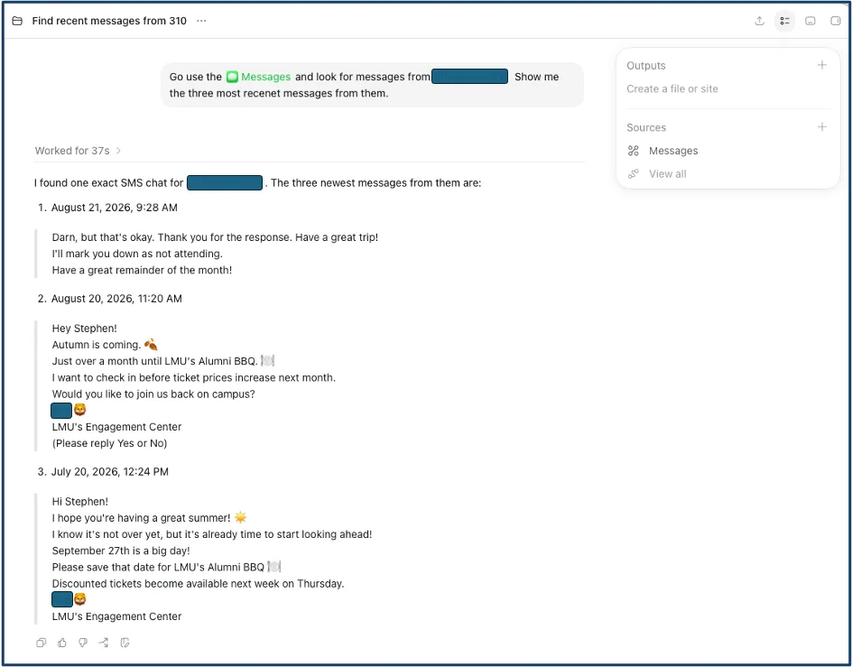 A screenshot of the Apple Messages plugin running inside Codex. The prompt asks it to look in Messages for texts from a phone number, which is blacked out, and show the three most recent. It reports finding one matching SMS chat and lists three dated messages from LMU's Engagement Center about an alumni BBQ, with names and the number blocked out. A Sources panel on the right lists Messages as the connected source.