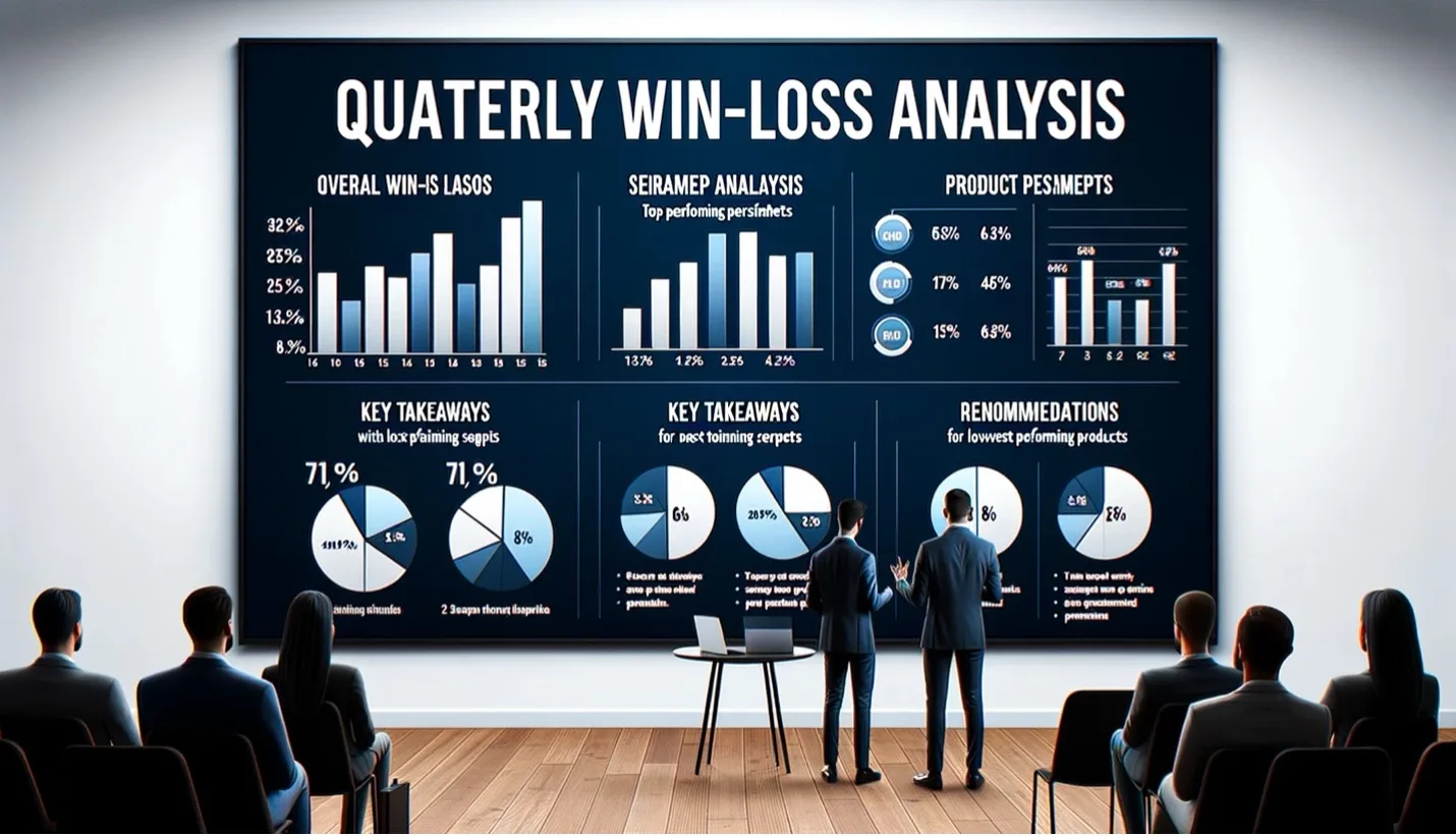 Two presenters before a Quarterly Win-Loss Analysis dashboard with charts as an audience watches