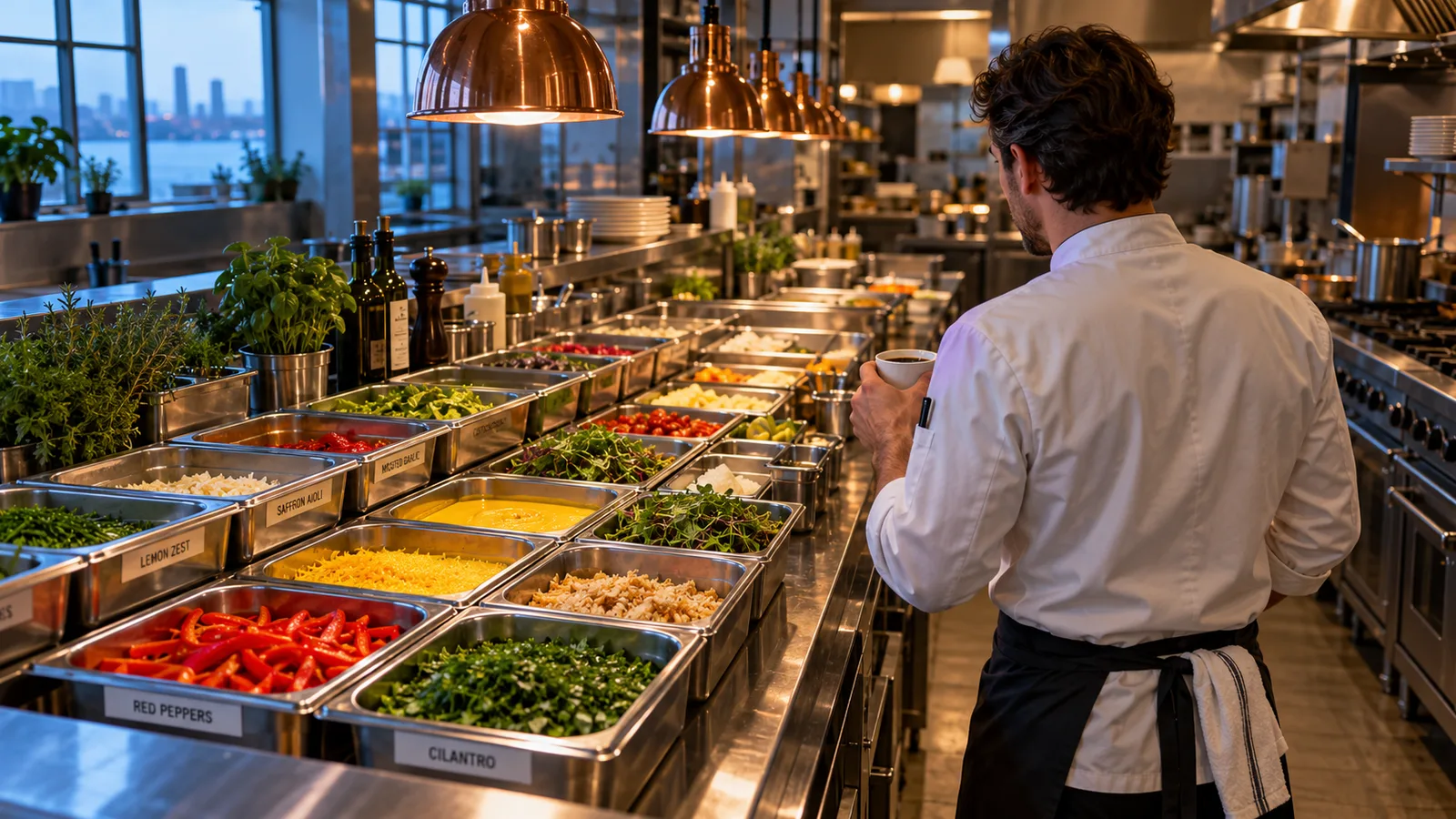 A chef in a white jacket holds a cup of coffee as he looks down a long steel prep counter in a restaurant kitchen, where dozens of labeled pans of ingredients, from red peppers and cilantro to lemon zest and saffron aioli, sit prepped and ready before service.
