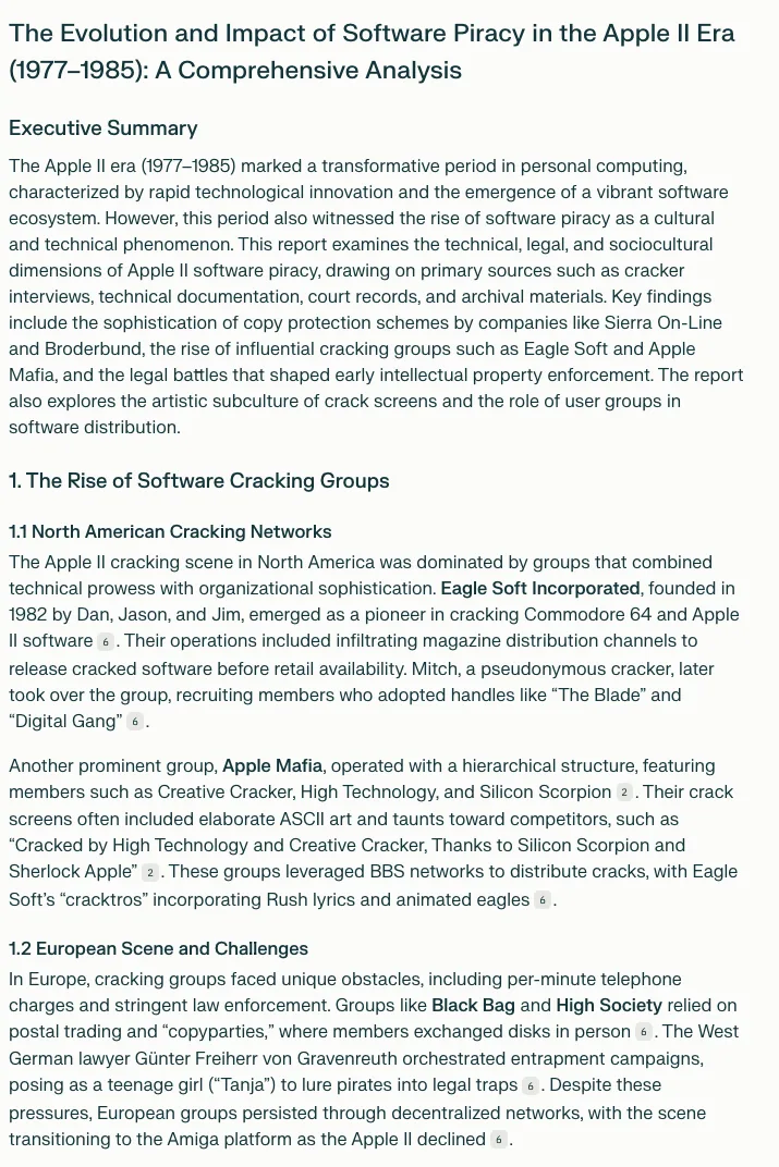 Comprehensive analysis of Apple II era software piracy with executive summary and cracking group history.