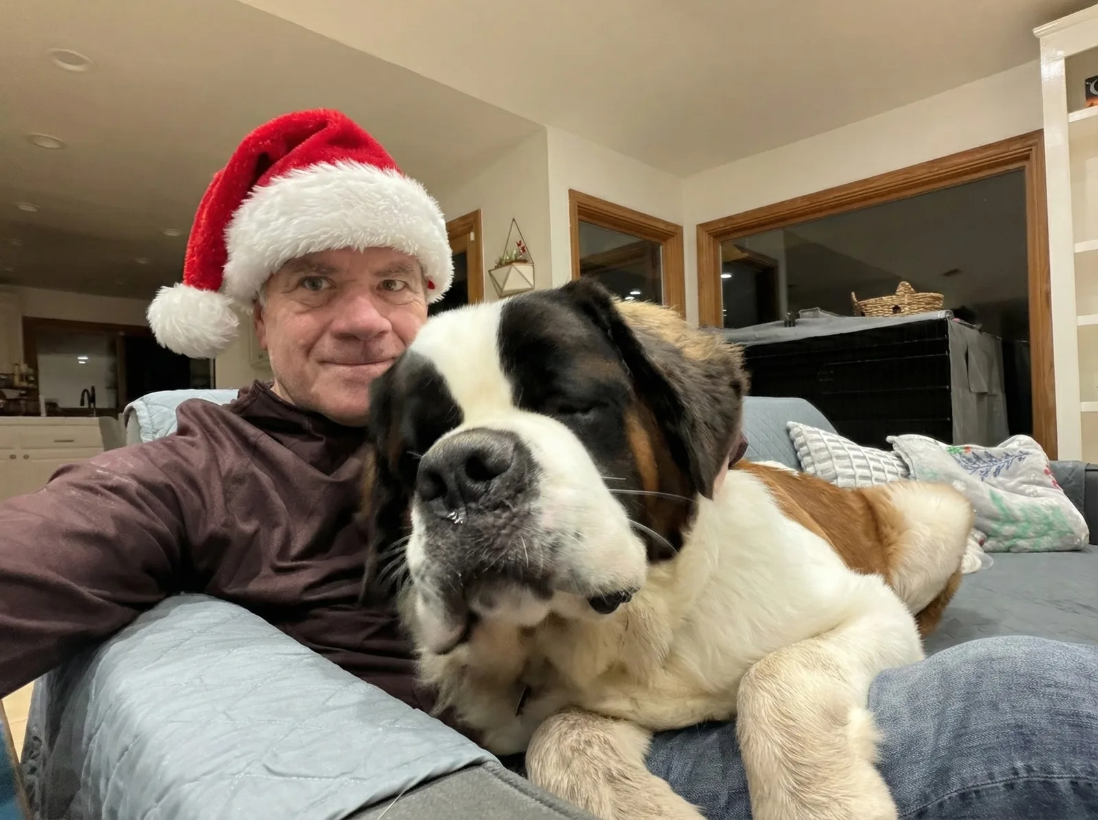 Man wearing a Santa hat on a couch with a large Saint Bernard dog resting against him.