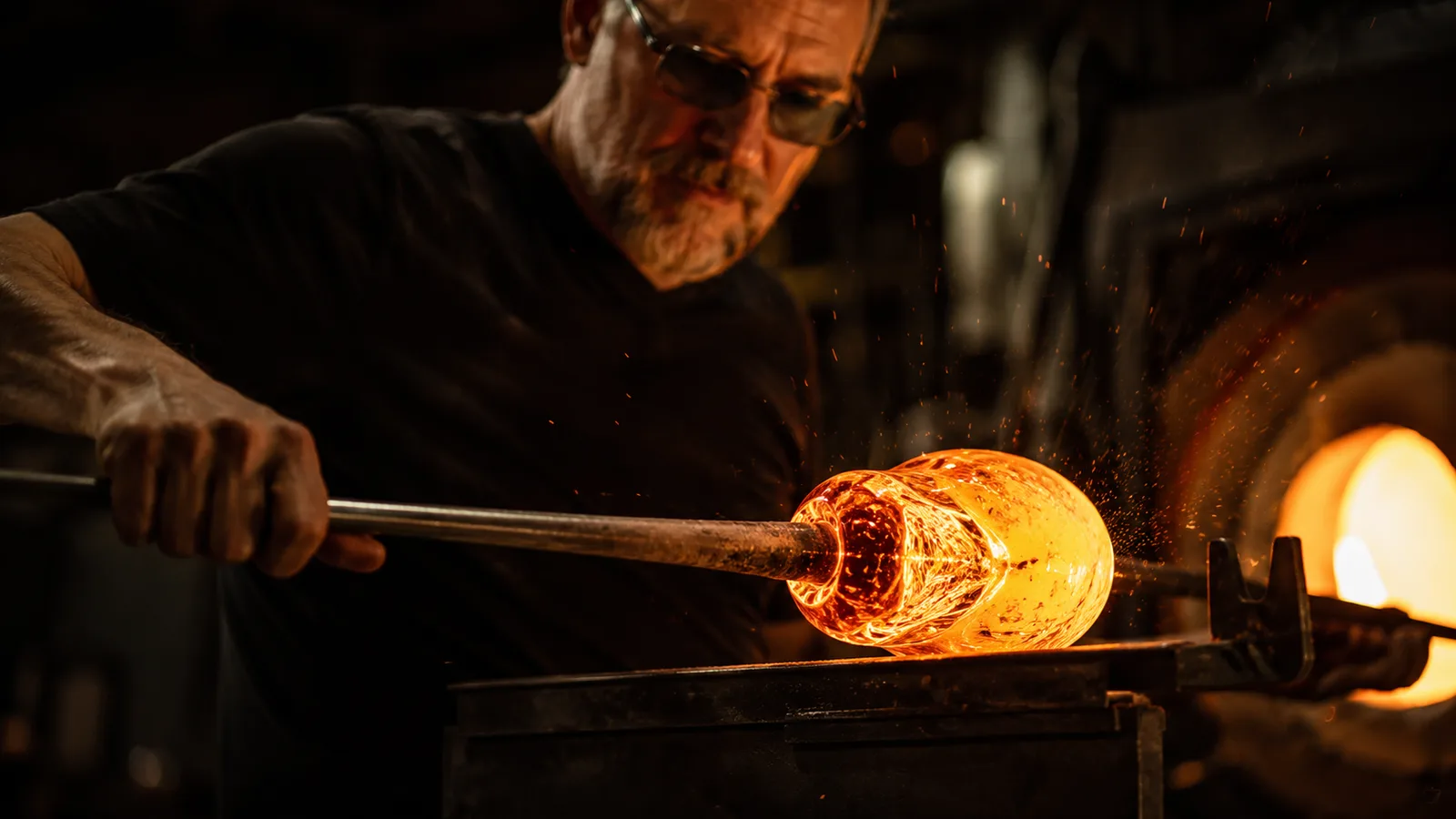 A craftsman shaping a glowing, molten piece of glass on a rod in a dark forge workshop.