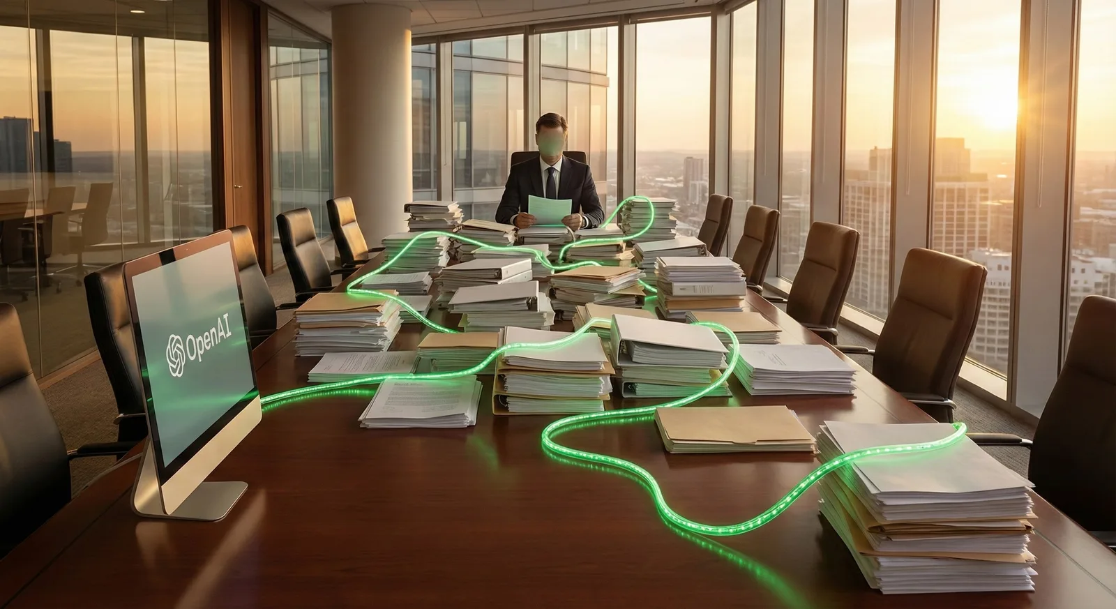 Man in suit at long boardroom table with stacks of documents, OpenAI monitor, green cables, city sunset