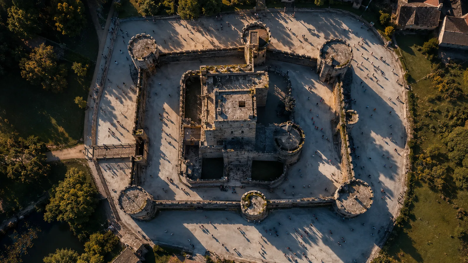 Overhead aerial view of a ruined medieval stone castle with round corner towers and roofless interior walls.