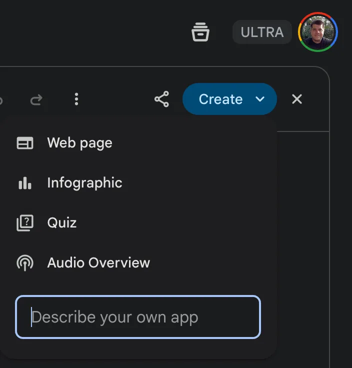 Gemini Create menu listing Web page, Infographic, Quiz, and Audio Overview options.