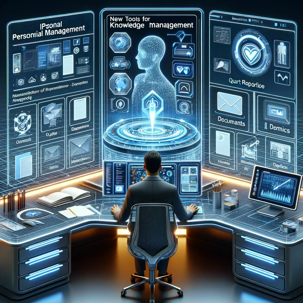 Person at a desk facing screens labeled Personal Knowledge Management with holographic interface