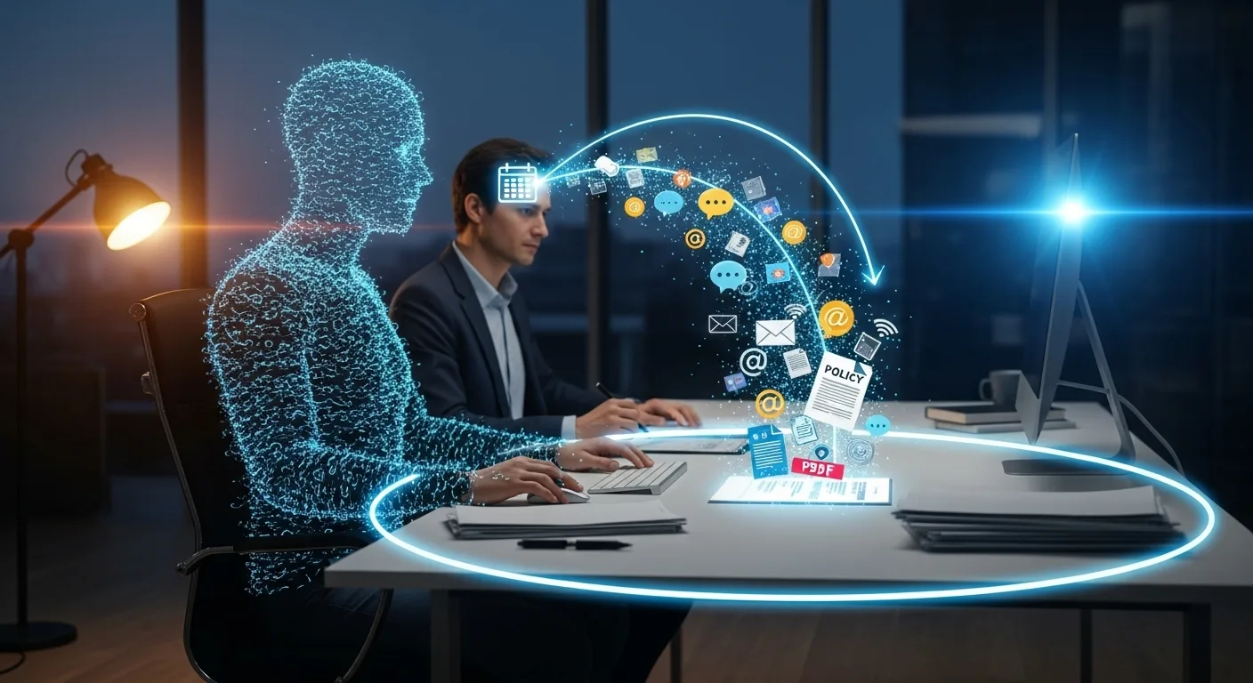 Translucent human figure beside a man at a desk with glowing icons and a Policy document