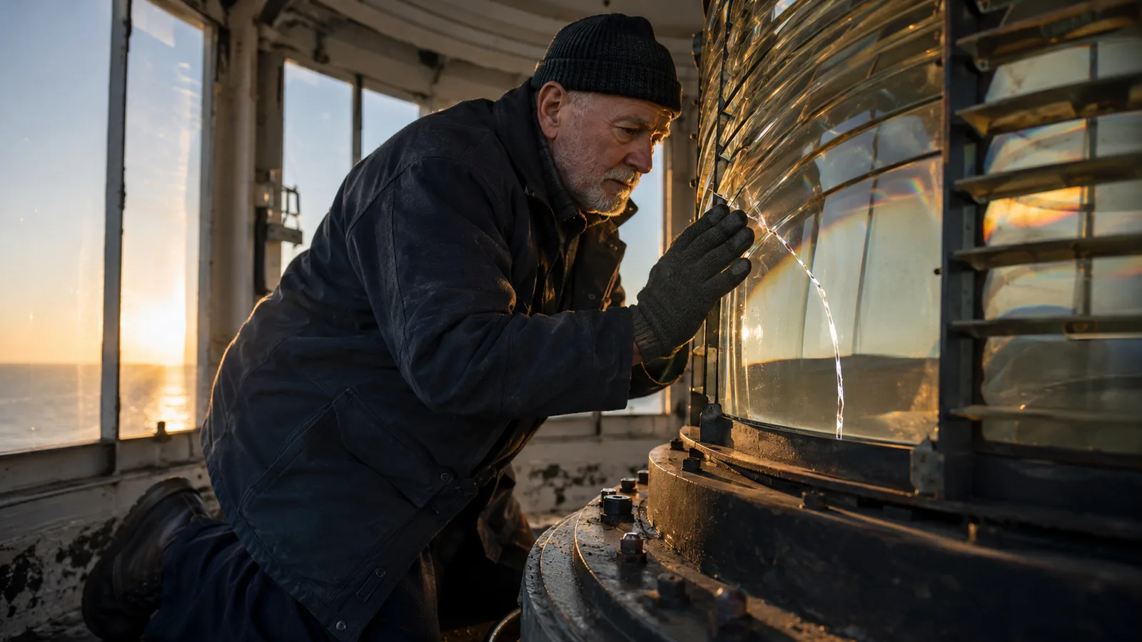 Bearded keeper in beanie inspects a large glass lighthouse lens at sunset over the sea.