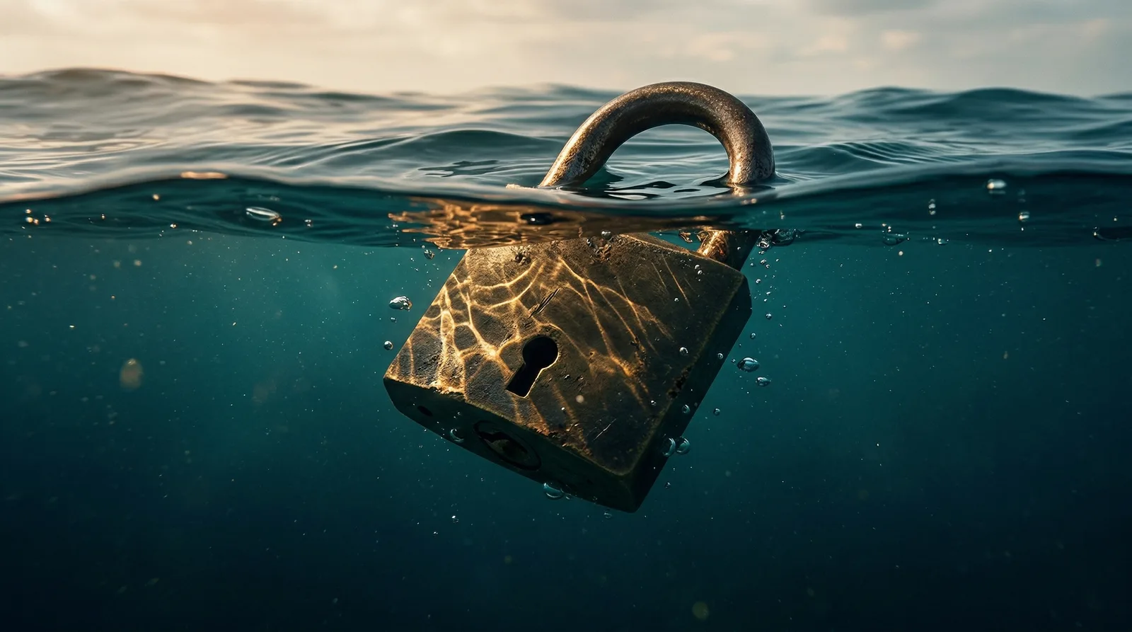 A weathered brass padlock half submerged in dark teal ocean water at the surface.