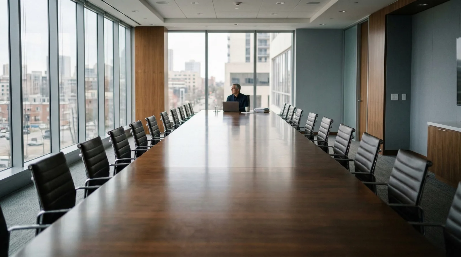Long empty boardroom table with leather chairs, one man on a laptop by city windows.