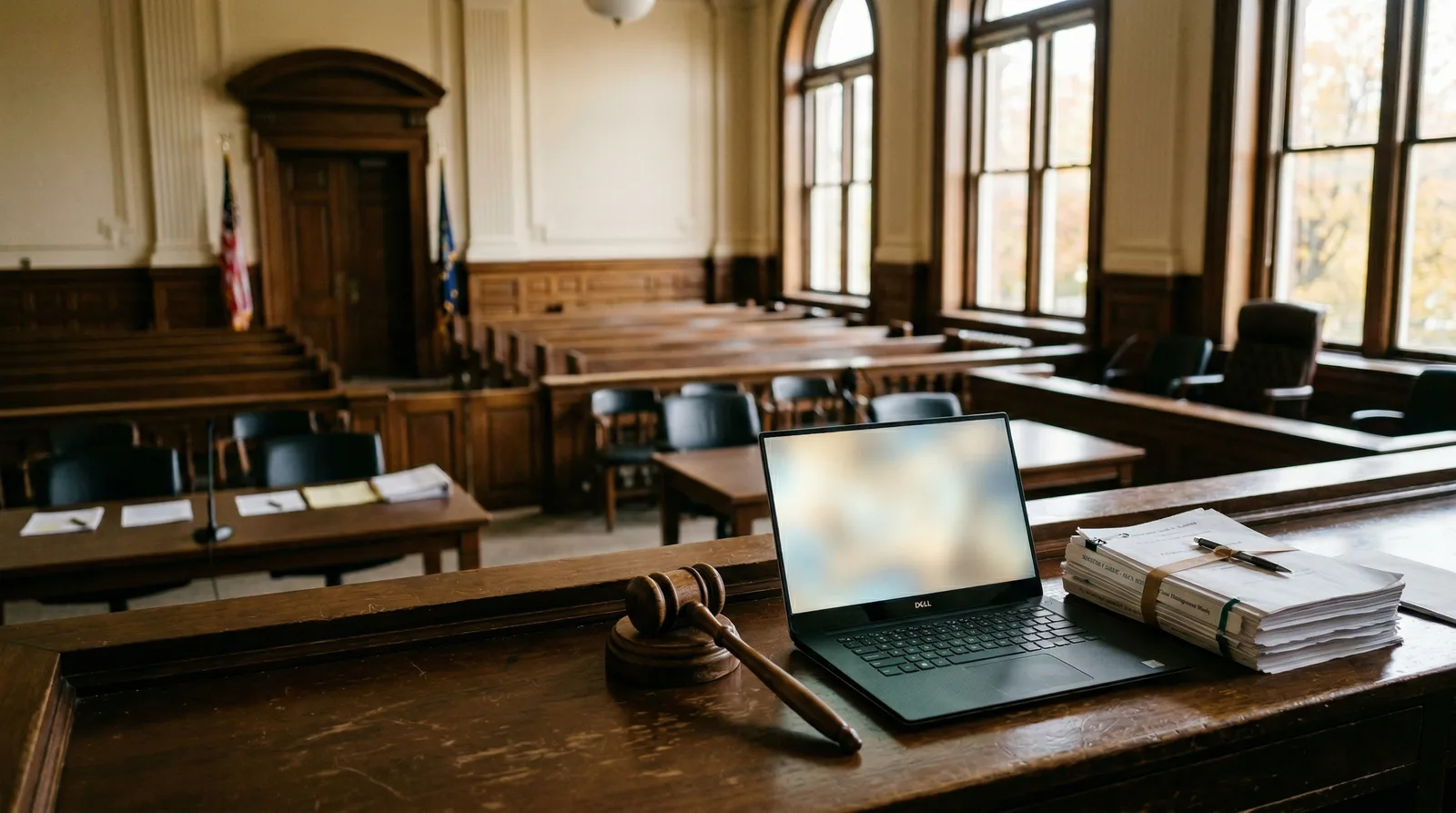 Open Dell laptop and wooden gavel on a courtroom bench, empty jury seats behind.