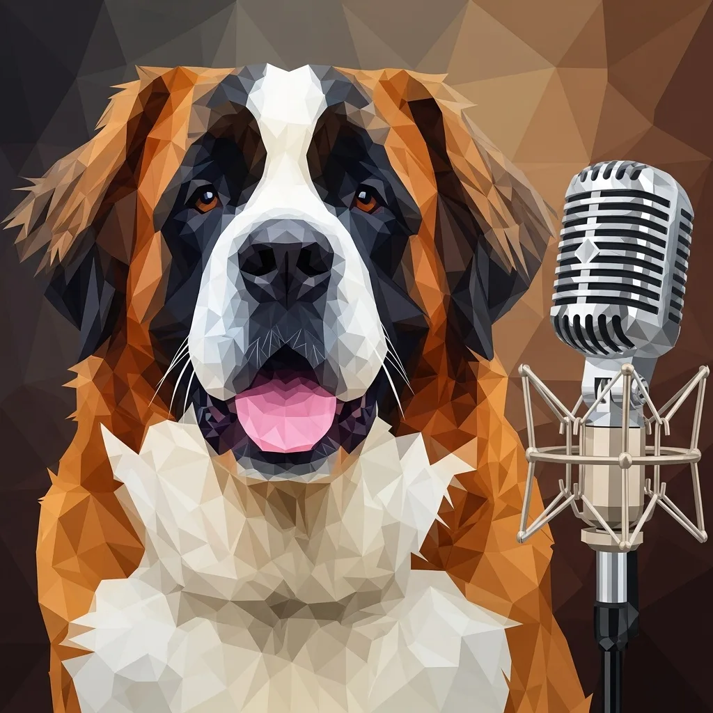 Low-poly illustration of a Saint Bernard dog beside a silver microphone on a stand.