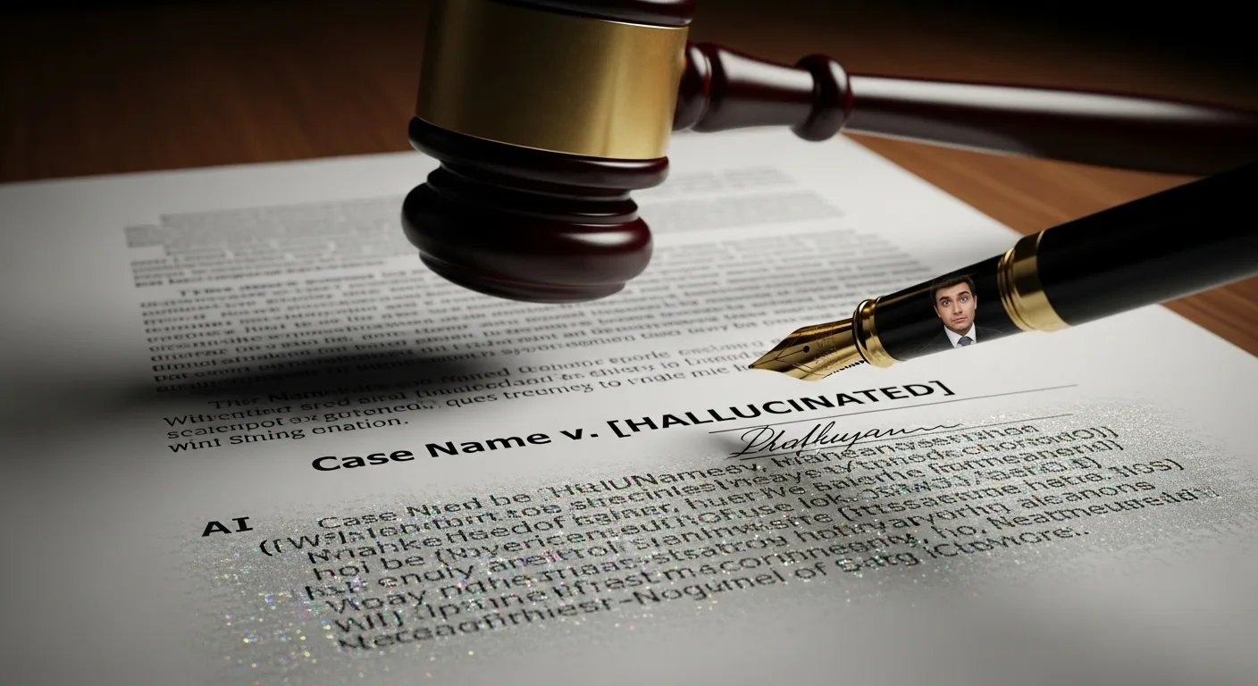 Wooden gavel and fountain pen on a legal document reading Case Name v. Hallucinated.
