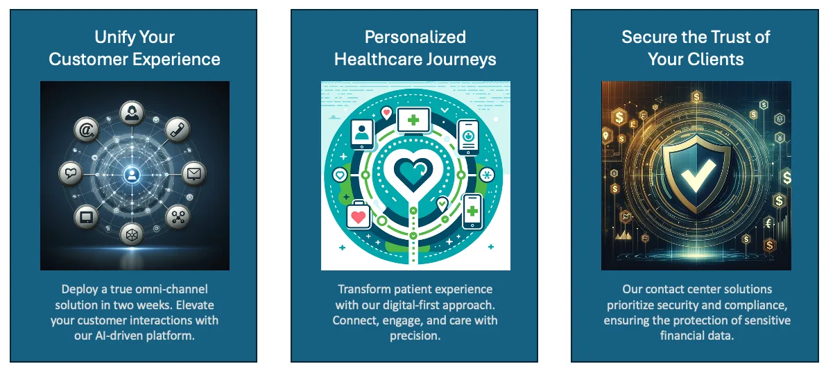 Three panels: Unify Your Customer Experience, Personalized Healthcare Journeys, Secure the Trust of Your Clients