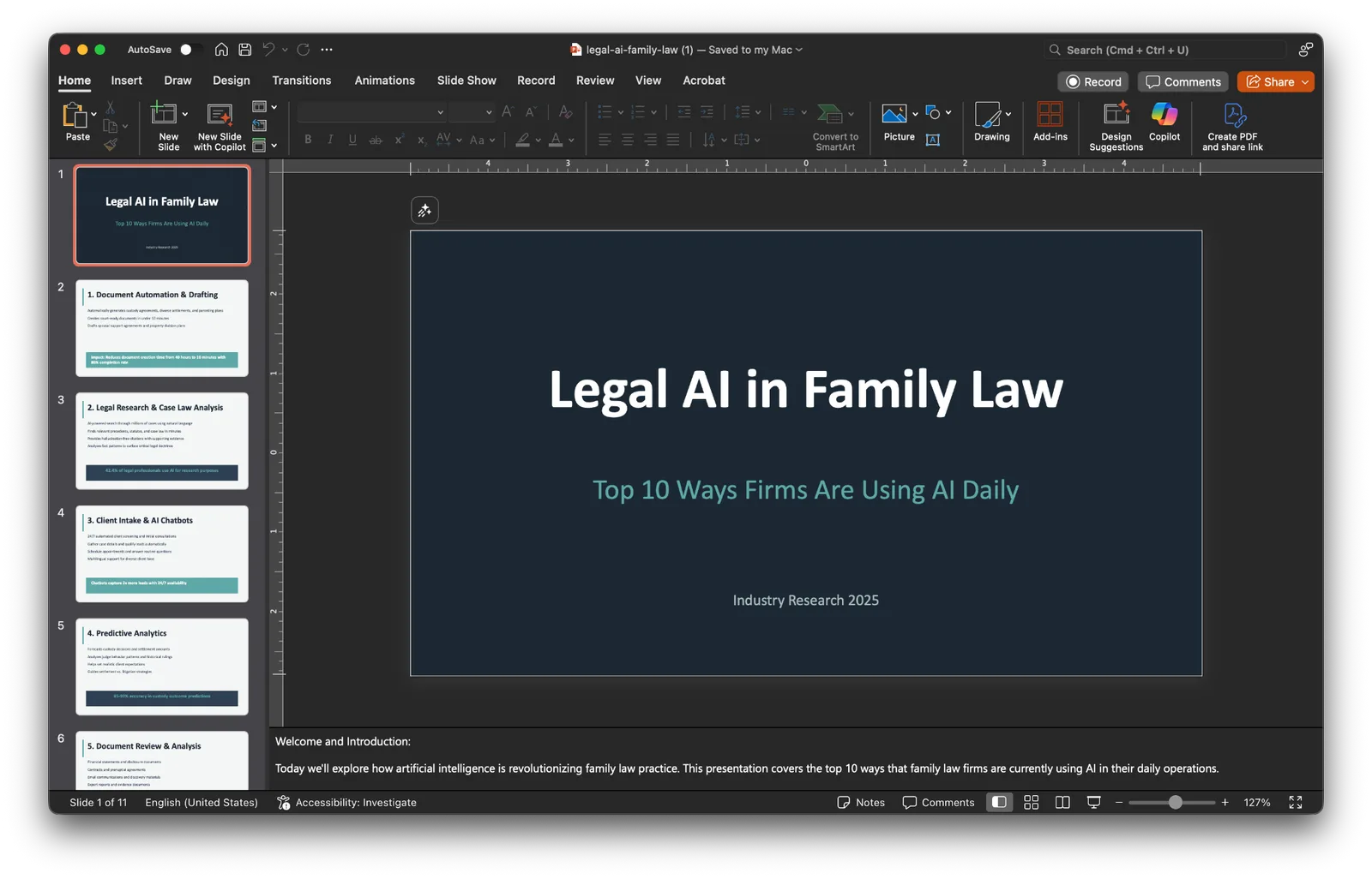 PowerPoint title slide reading Legal AI in Family Law, Top 10 Ways Firms Are Using AI Daily.
