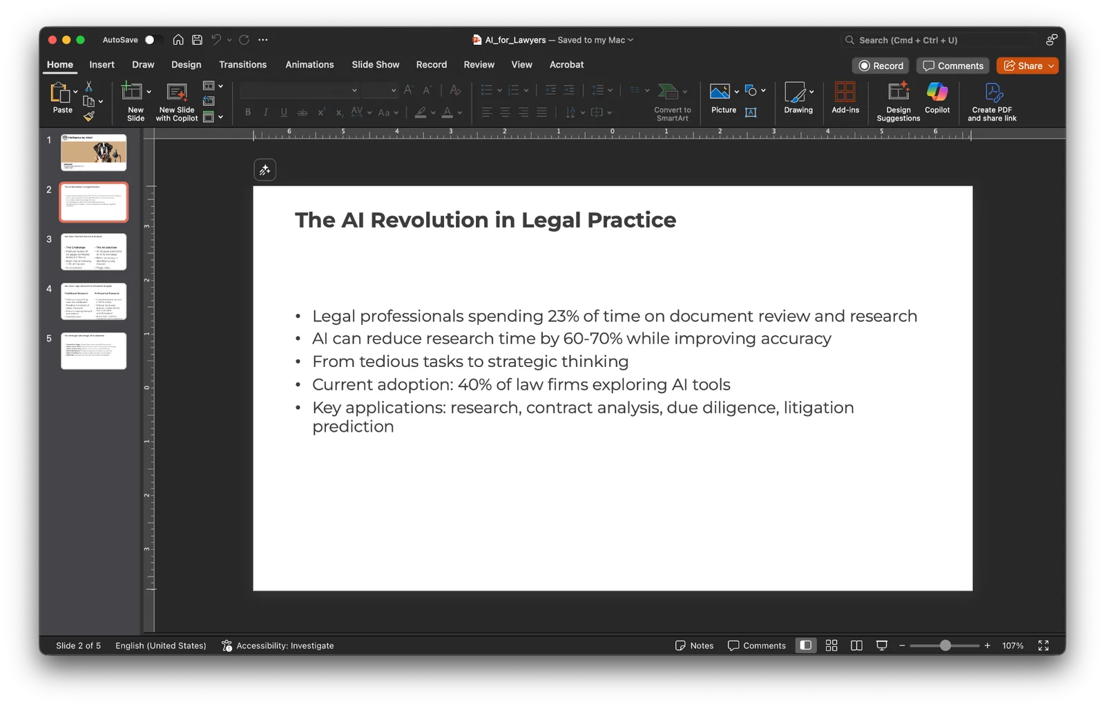 PowerPoint slide titled The AI Revolution in Legal Practice with five bullet points on AI adoption.