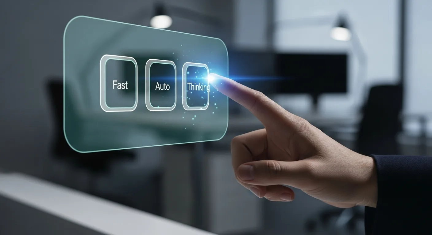 Finger touches a glass panel with three buttons labeled Fast, Auto, and Thinking.