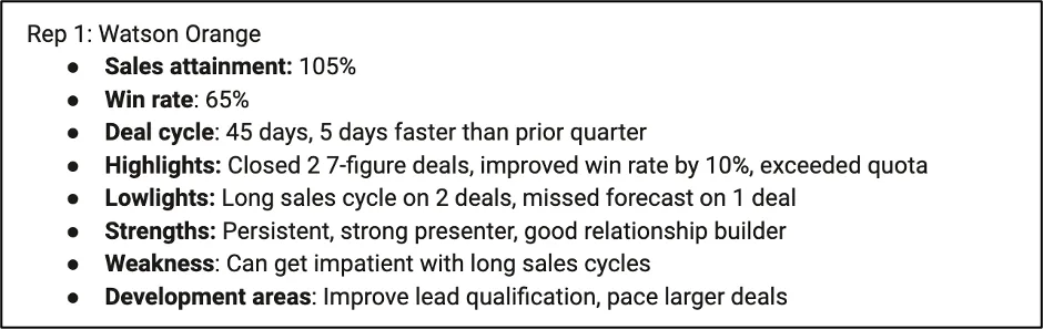 Sales rep summary for Watson Orange listing attainment 105 percent, win rate 65 percent, and 45 day deal cycle