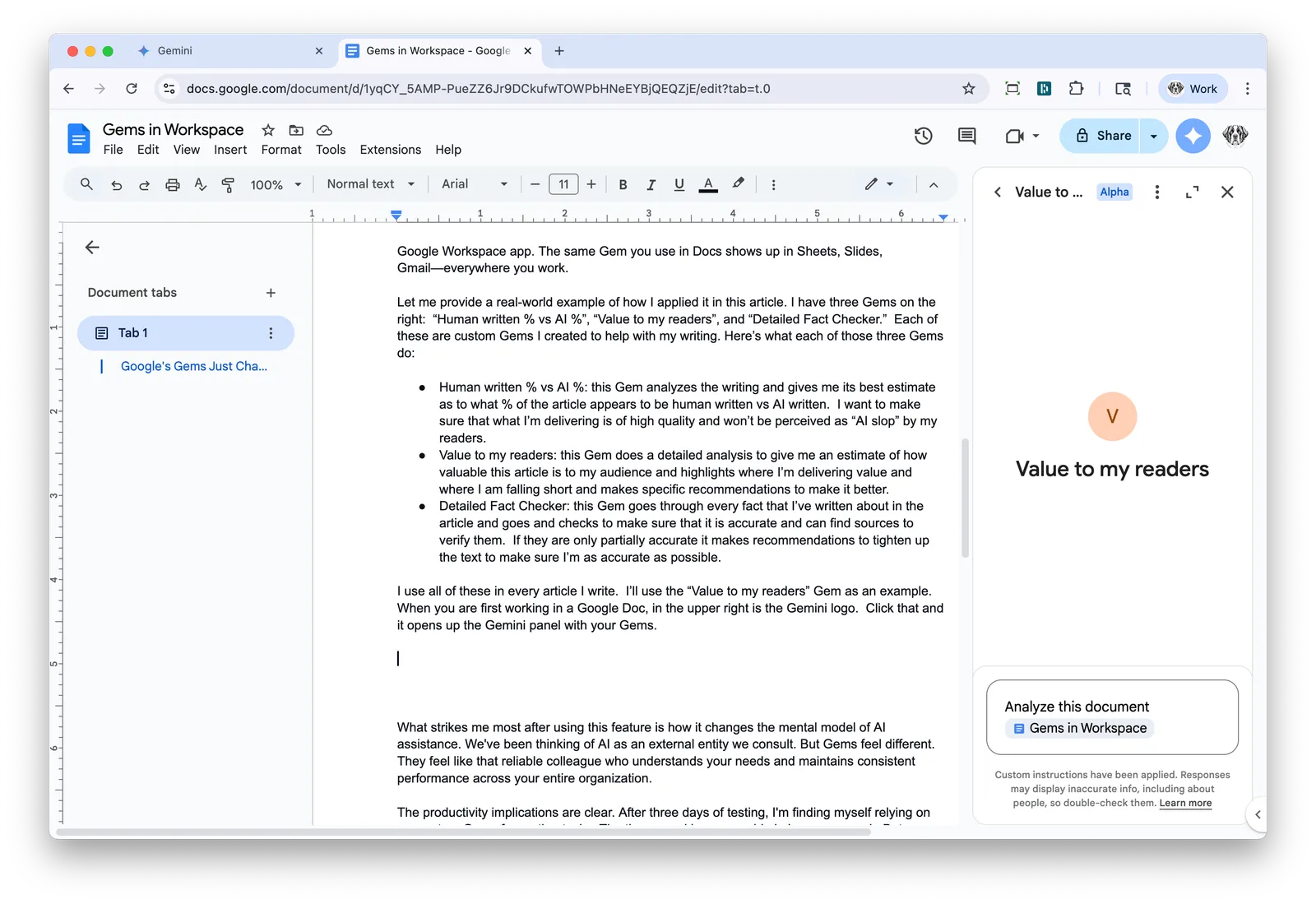 Google Docs with a Value to my readers custom Gem panel open on the right.