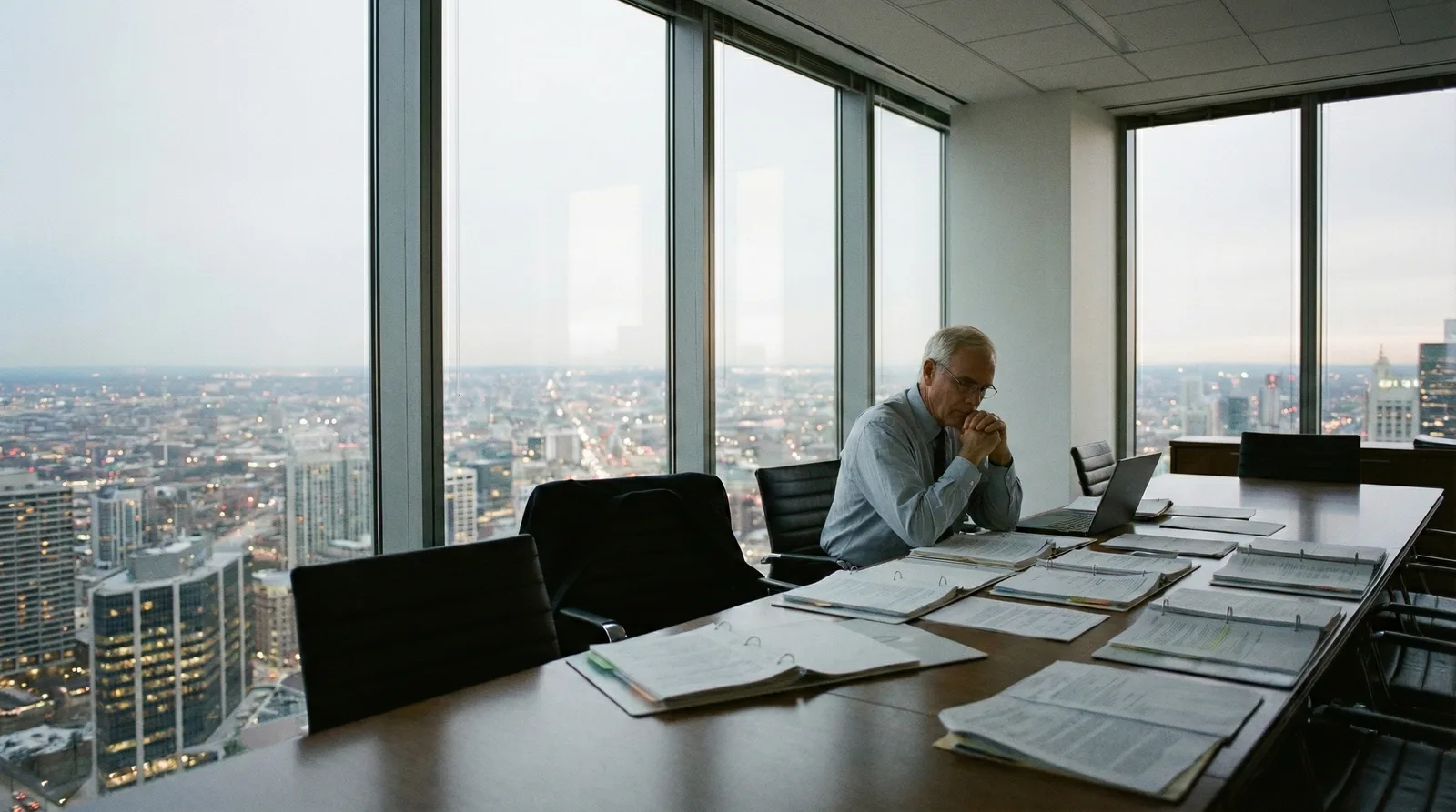 Older man with hands clasped at a high-rise boardroom table covered in binders, city below.