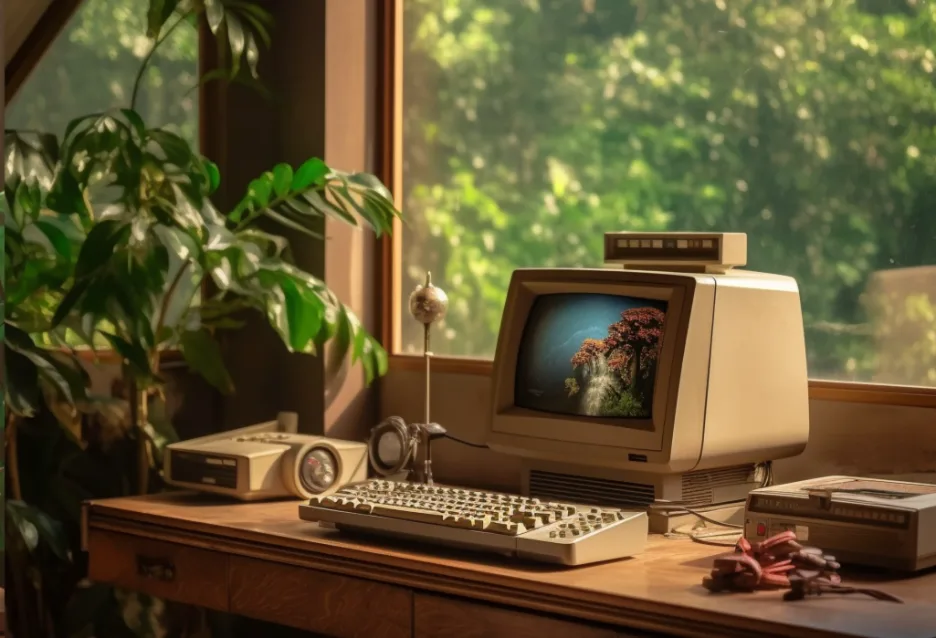 Vintage beige desktop computer and keyboard on a wooden desk by a sunlit window with green plants.