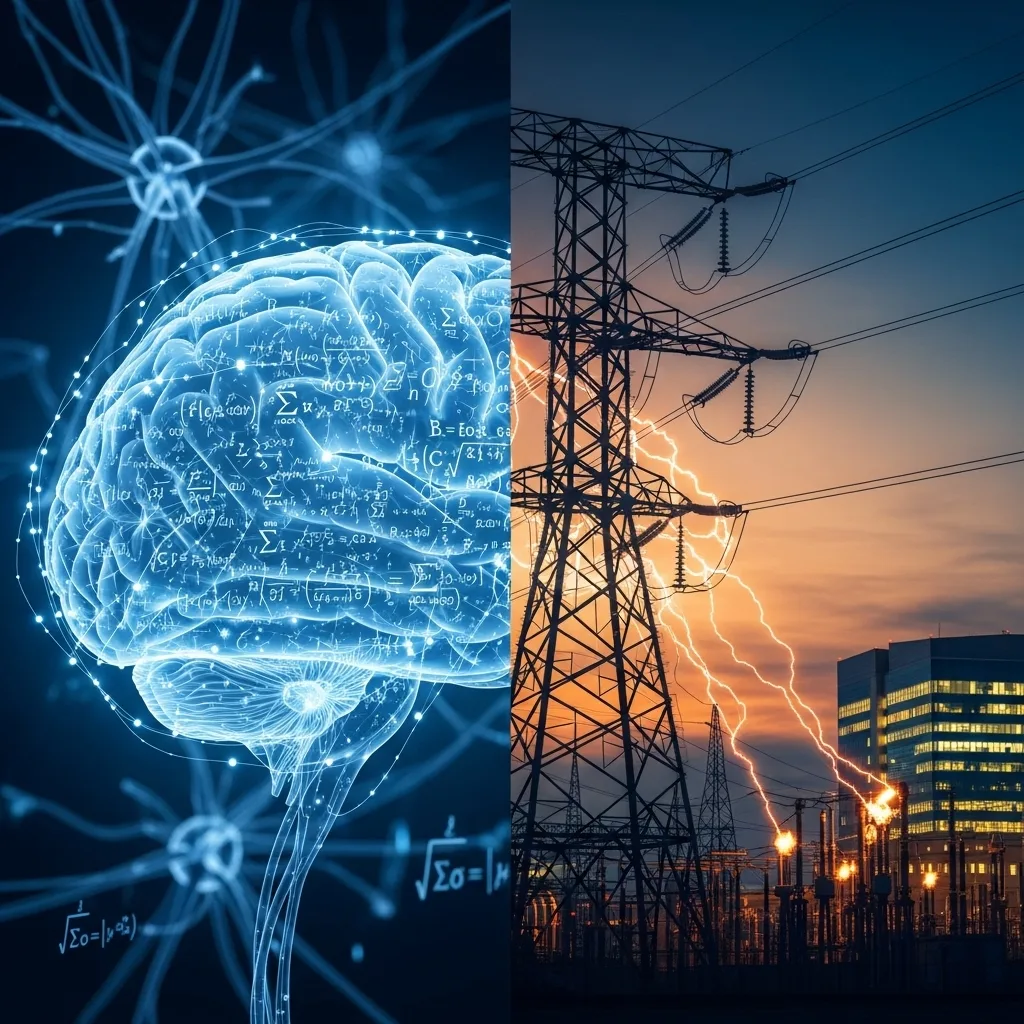 Split image of a glowing blue digital brain beside electrical power transmission towers at dusk.