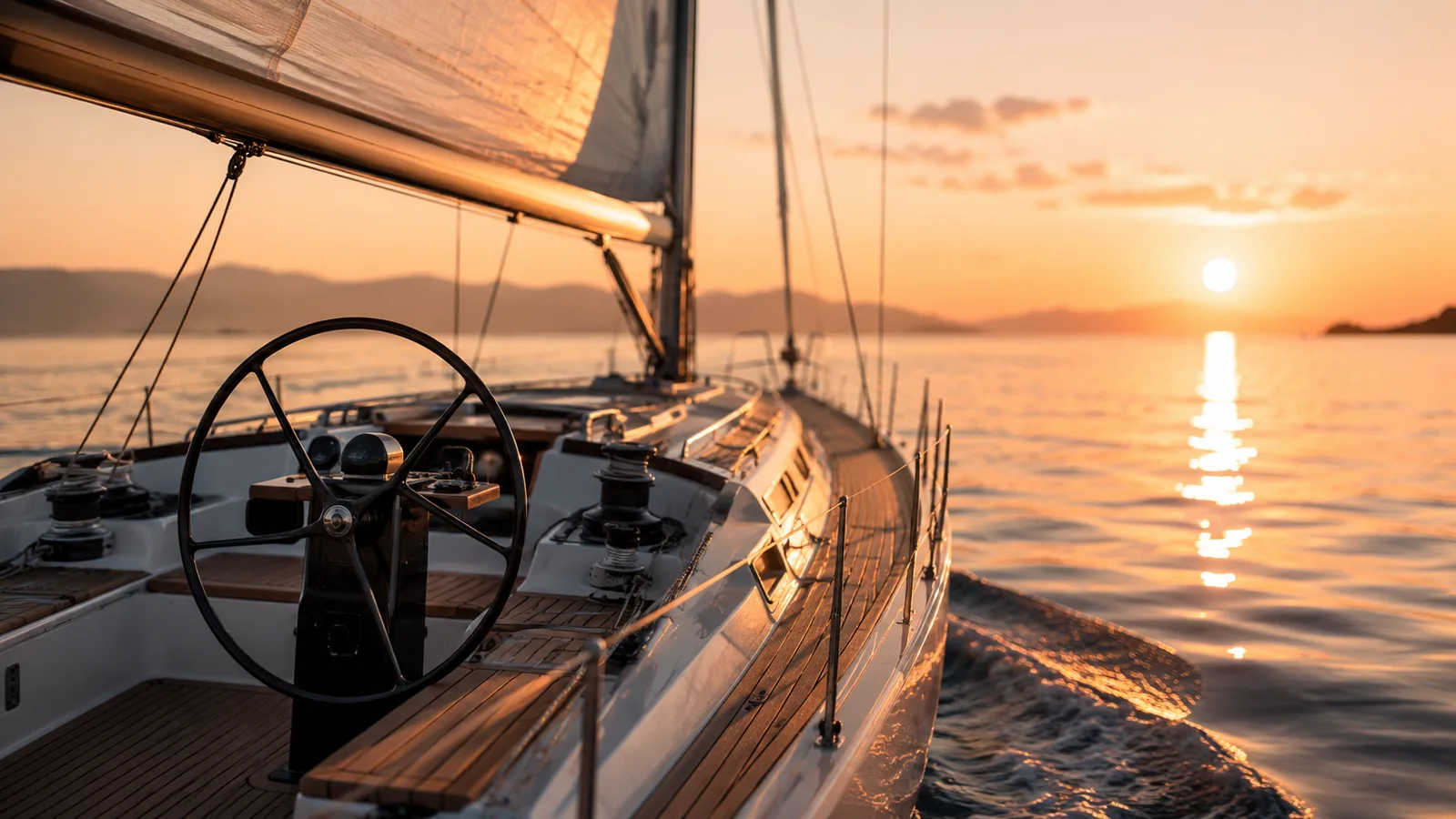 A sailboat under full sail at sunset, gliding across calm golden water with its wheel unattended at an empty helm and the low sun reflecting off the water ahead.