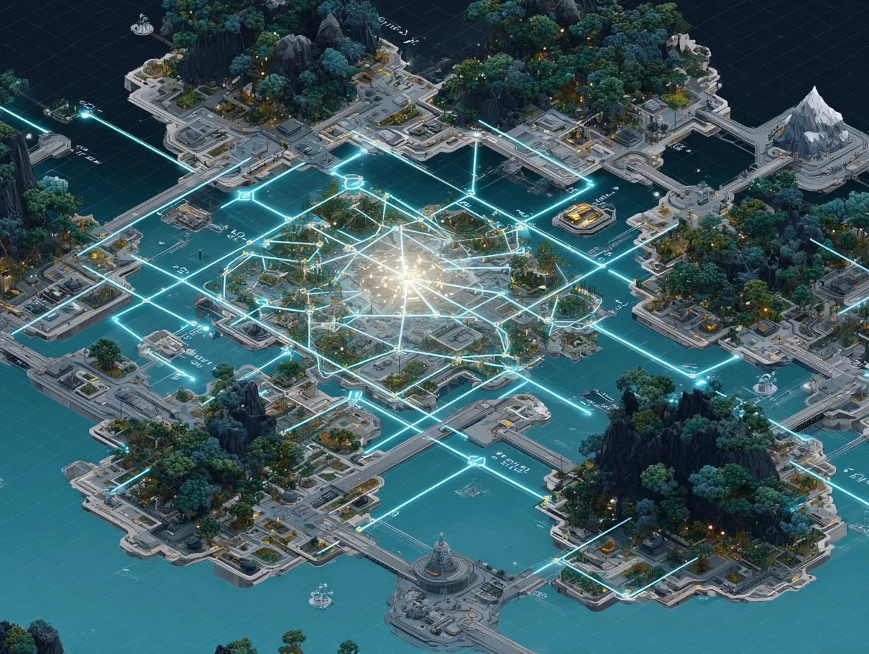 Aerial view of an island city with glowing teal light beams converging at a bright central point.