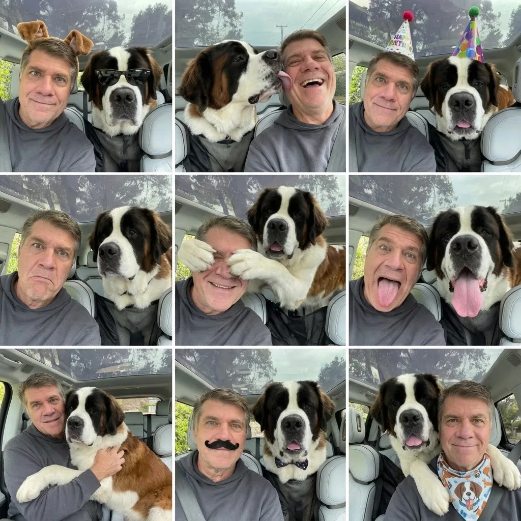 Photo grid of a man taking selfies with a Saint Bernard dog using various playful filters.