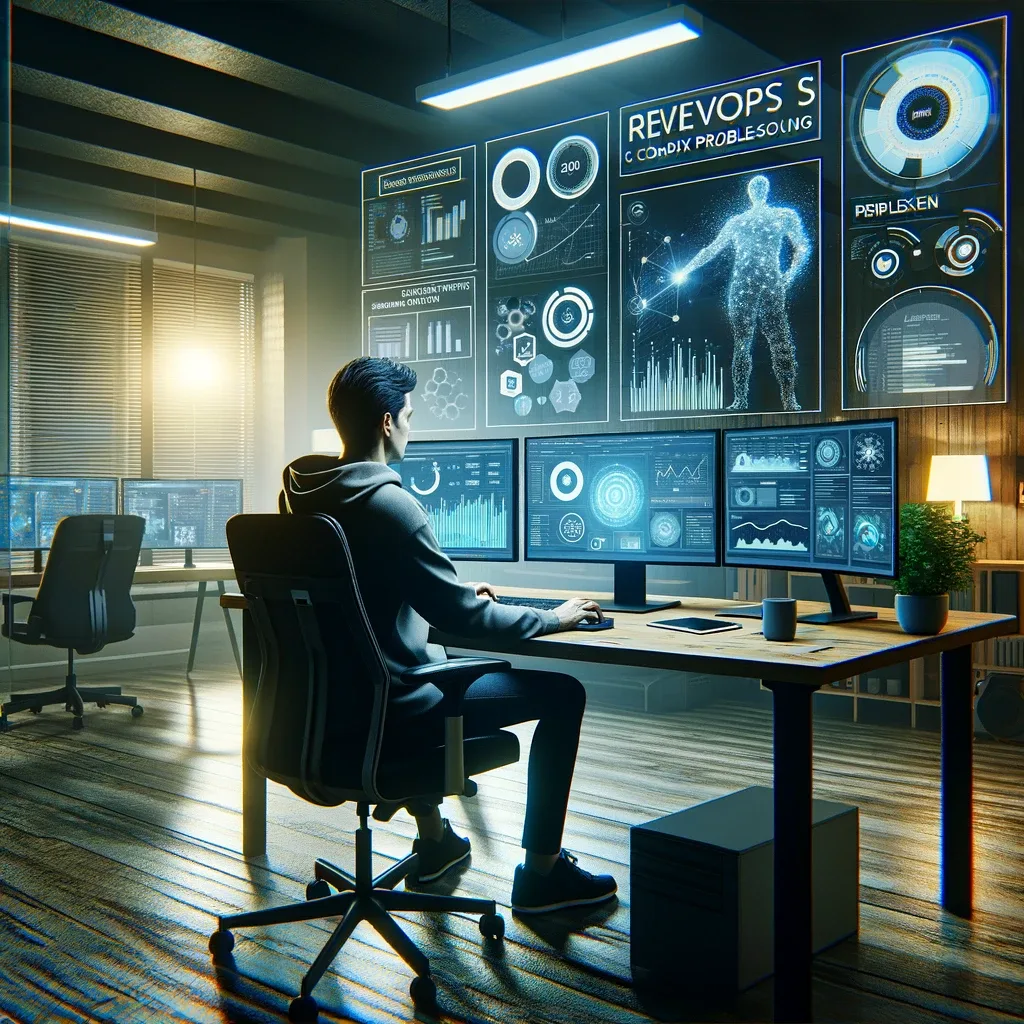 Man at desk facing multiple blue glowing screens showing charts and a human figure, in a modern office.