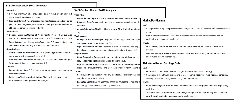 Three overlapping documents with 8x8 and Five9 contact center SWOT analysis and market positioning text