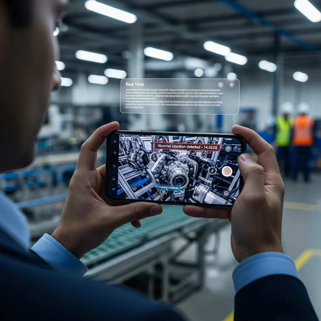 Person in a suit holding a phone showing factory machinery with a Real Time overlay and abnormal vibration alert.