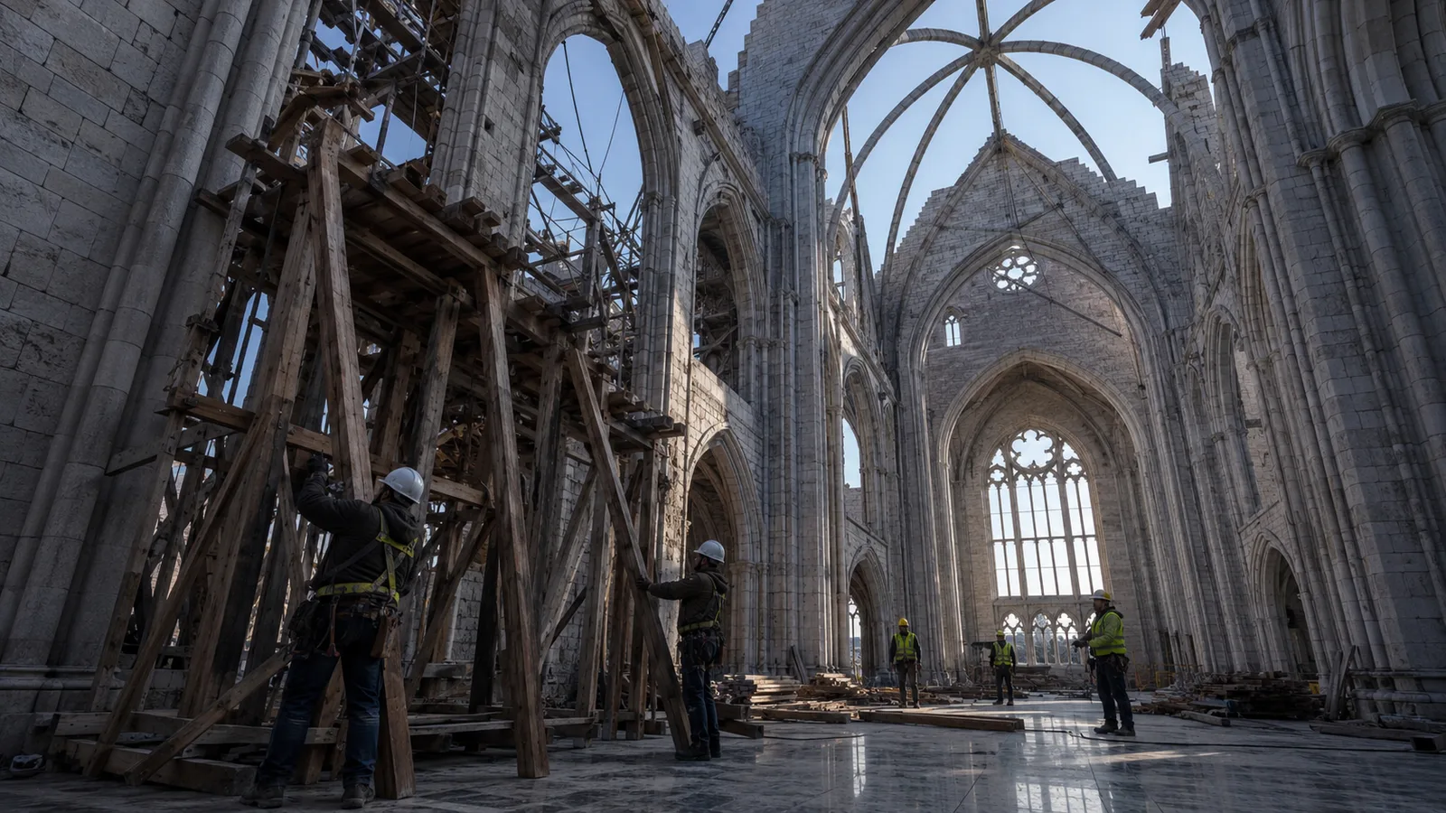 Workers in hard hats and high-visibility vests restoring the interior of a damaged Gothic cathedral, with timber scaffolding bracing the stone arches.