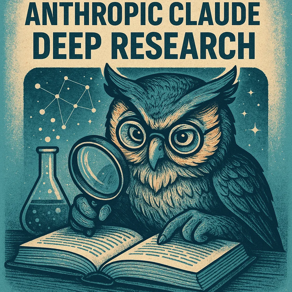 Retro poster of an owl with glasses, a magnifying glass, flask, and open book, text Anthropic Claude Deep Research.