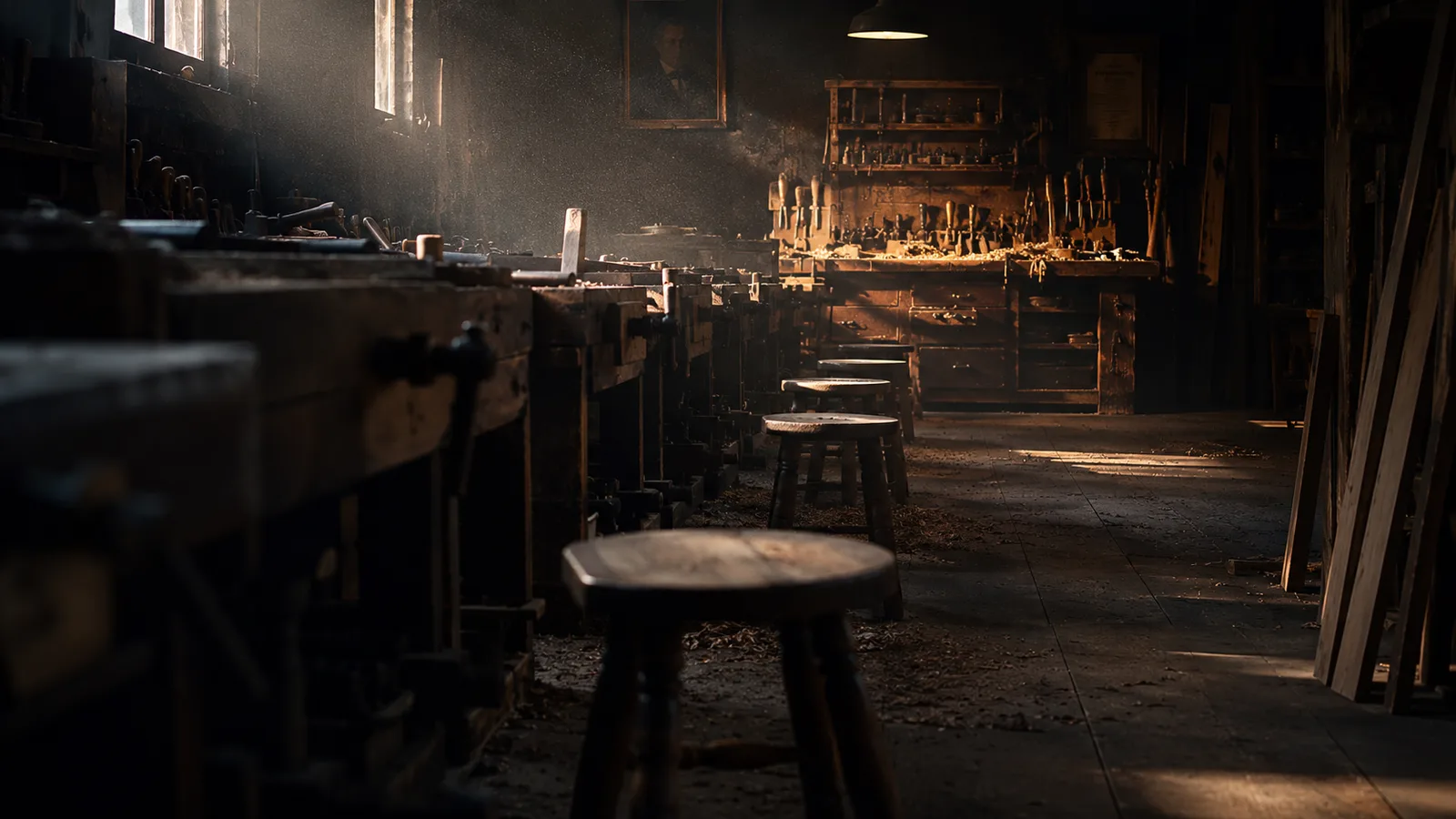 A dim, sunlit traditional craftsman's workshop with empty stools lined along the workbenches and hand tools on the walls.
